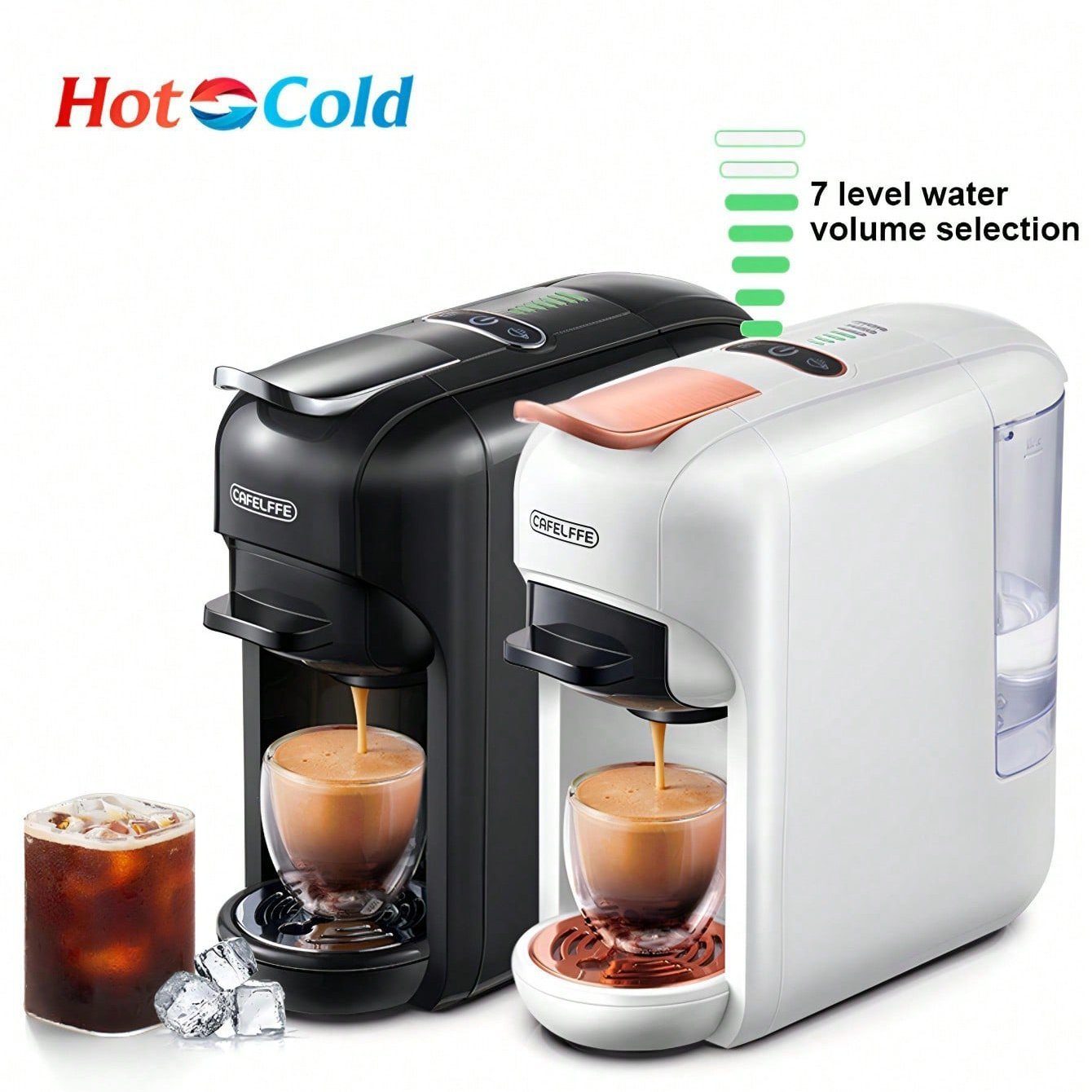 KREATE Kapselmaschine 5-in-1-Kaffeemaschine, 19-Bar-Espressomaschine, Kalt-/Heißmodus, 0.6l Kaffeekanne, Kompatibel mit Kcup*/Nes* Original/DG*/ESE Pod/gemahlenem Kaffee Wassermenge Stufe 7, 110*275*265 mm, Abnehmbarer 20-Unzen-Behälter, LED-Streifen