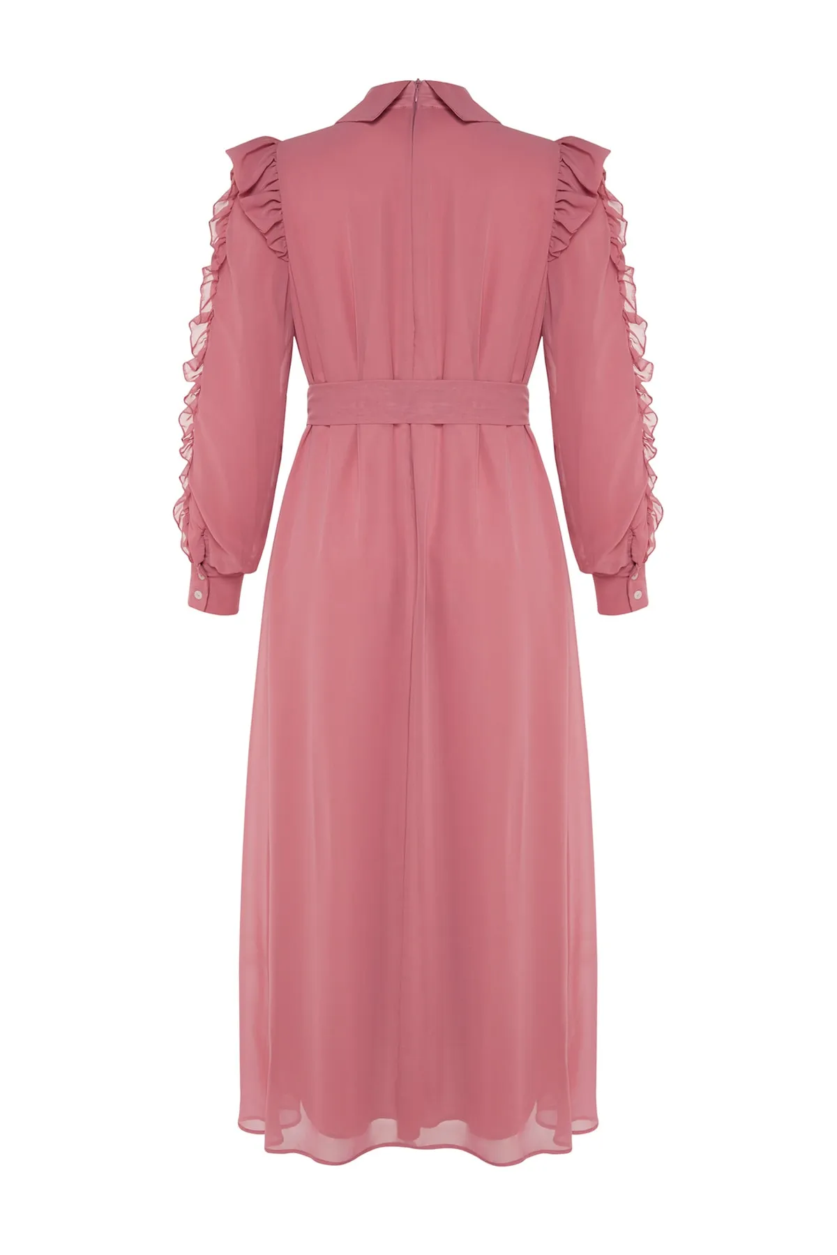 Trendyol Modest  X Kevser Sarıoglu Abendkleid aus Chiffon mit Rüschen und Kragen aus getrockneten Rosen TCLSS23DB00000