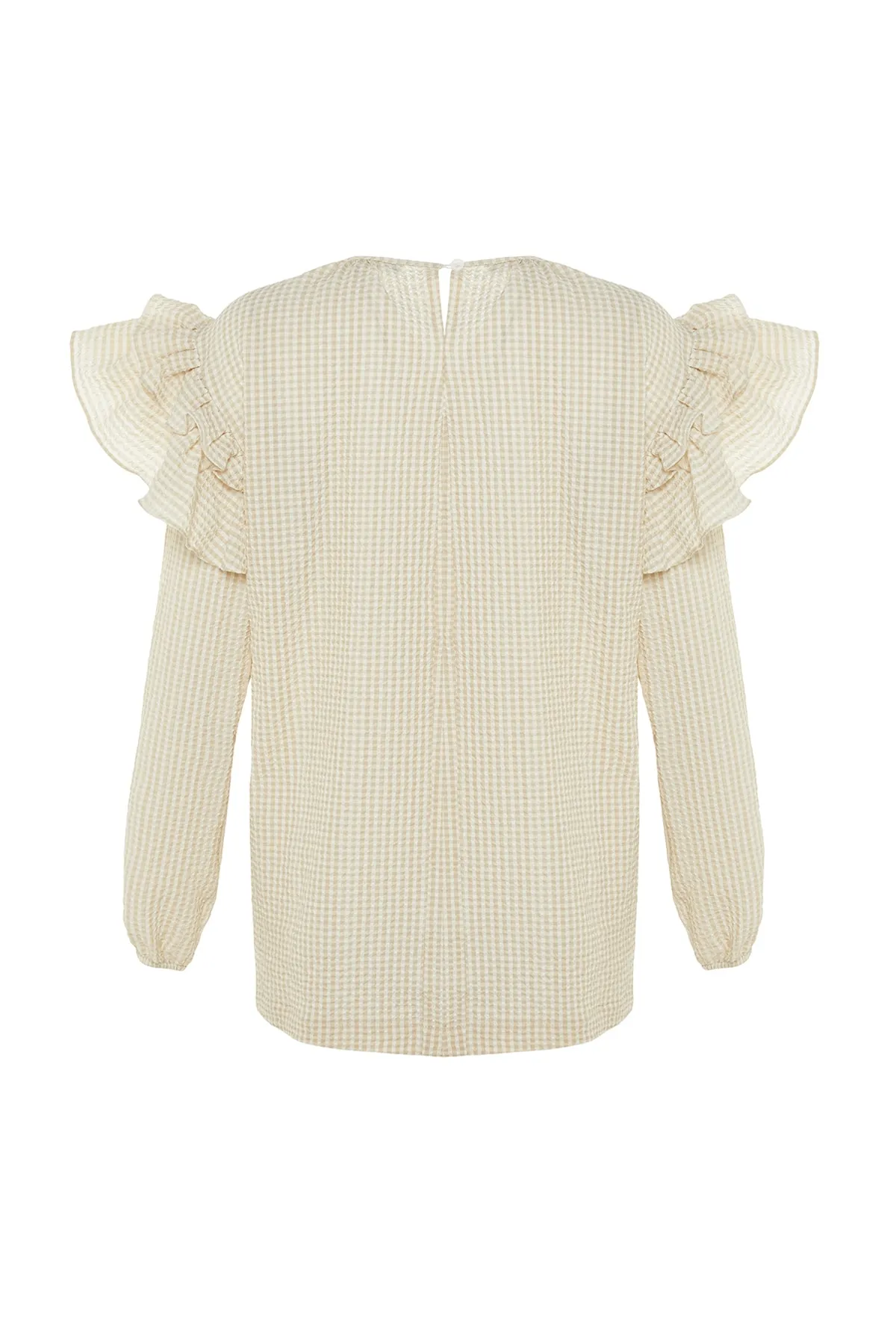 Trendyol Modest  Beigefarbene Seersucker-Gingham-Tunika mit Ärmeln und Schwungradgewebe TCTSS23UK00014