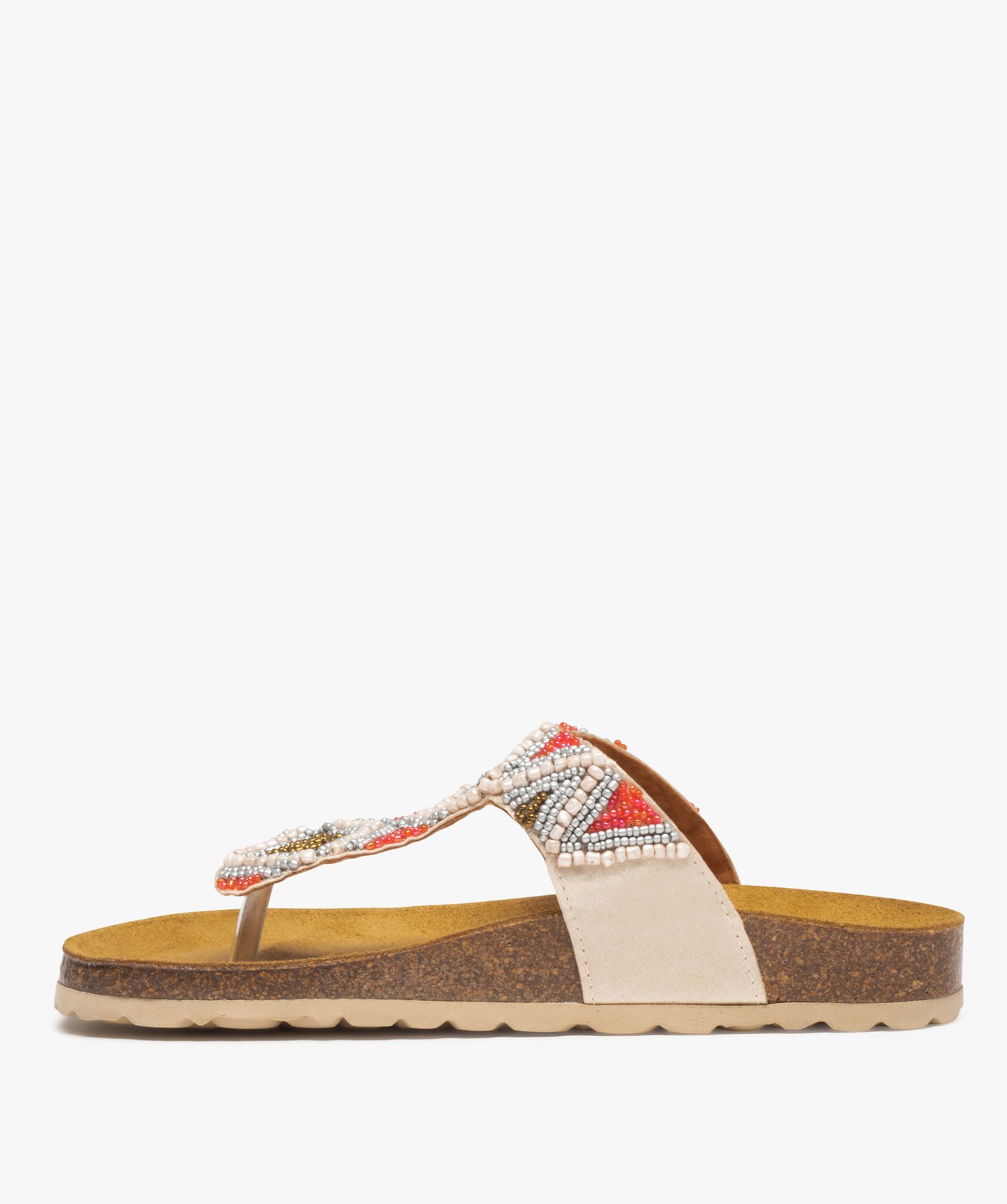 Sandales femme à entre-doigts avec brides ornées de perles beige | GEMO