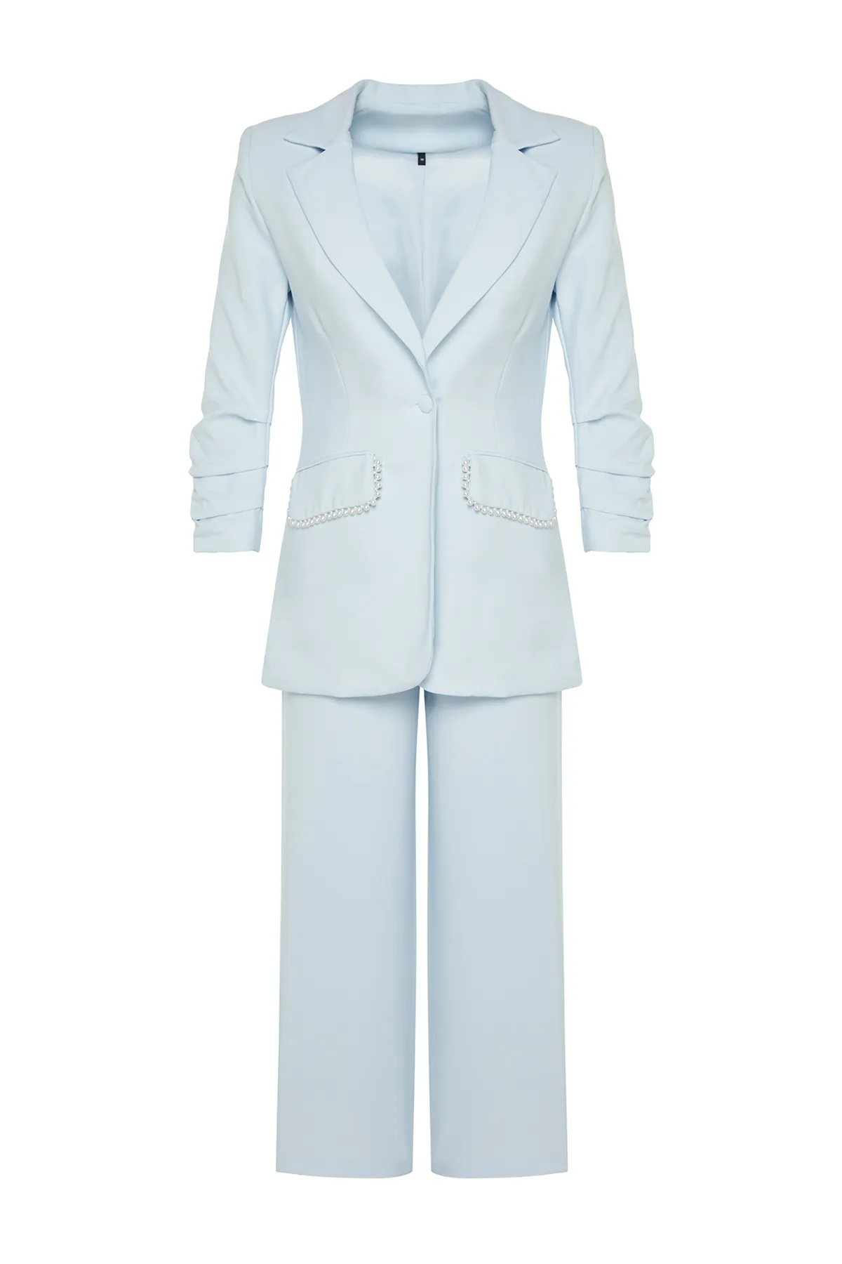 Trendyol Modest  Set aus Jacke und Hose aus Krepp mit blauen Perlen und gewebtem Unterteil und Oberteil TCTSS24US00011