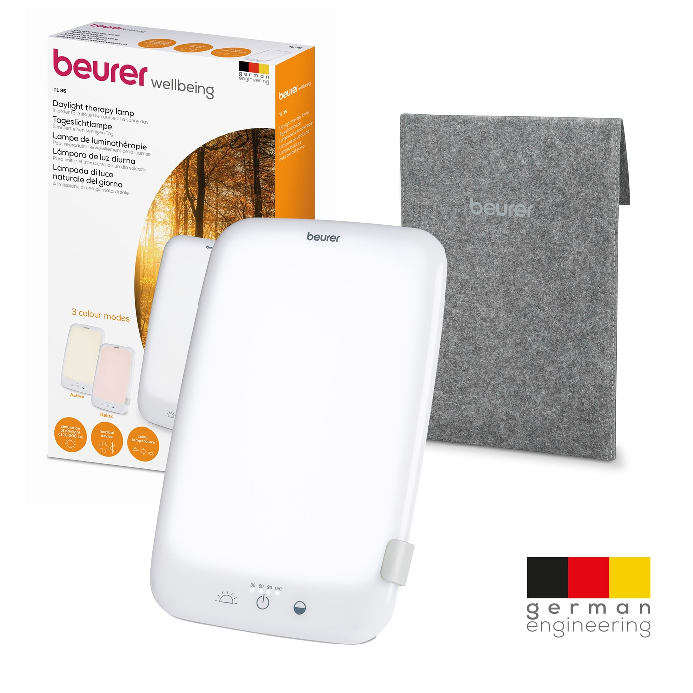 Beurer Tageslichtlampe TL 35-Tageslichtlampe mit 4-stufigem Dimmer, 3 einstellbaren Farbtemperaturen und praktischer Aufbewahrungstasche