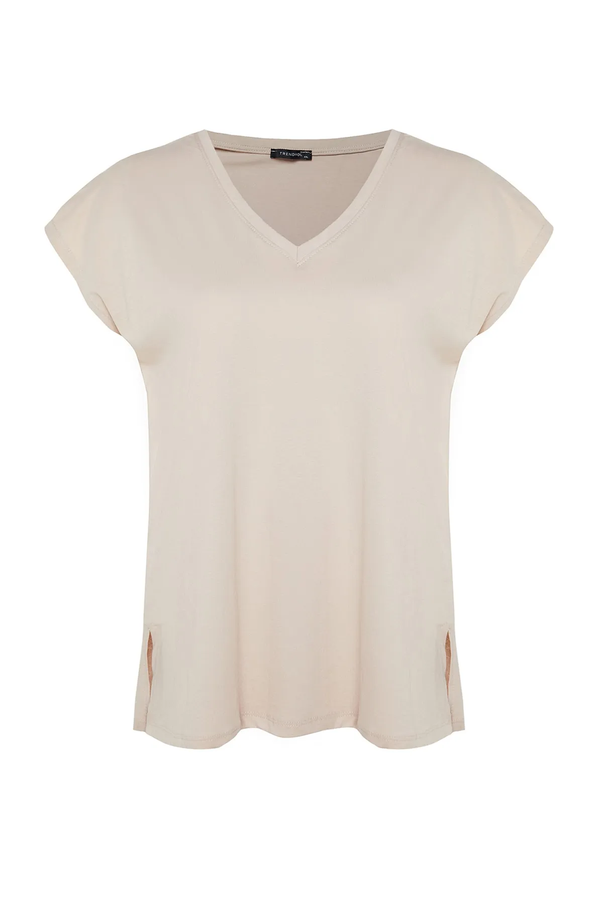 Trendyol Curve  Nerzfarbenes Boyfriend-Strick-T-Shirt mit V-Ausschnitt und Schlitz TBBSS22BF0036
