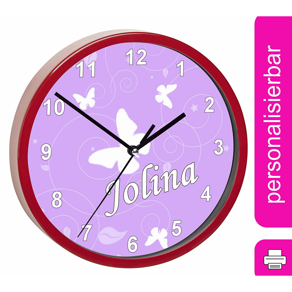 Kinder Wanduhr laufruhig personalisiert mit Name Schmetterling Flieder