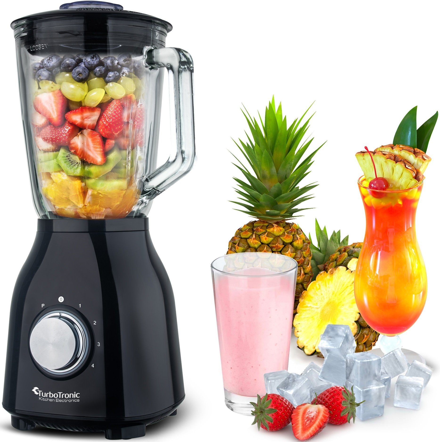 TurboTronic by Z-Line Standmixer BG6 - 1400 Watt mit 1,5L Glasbehälter, 1400 W, Glas Smoothie Mixer Maker Ice Crush Funktion Milchshaker Blender