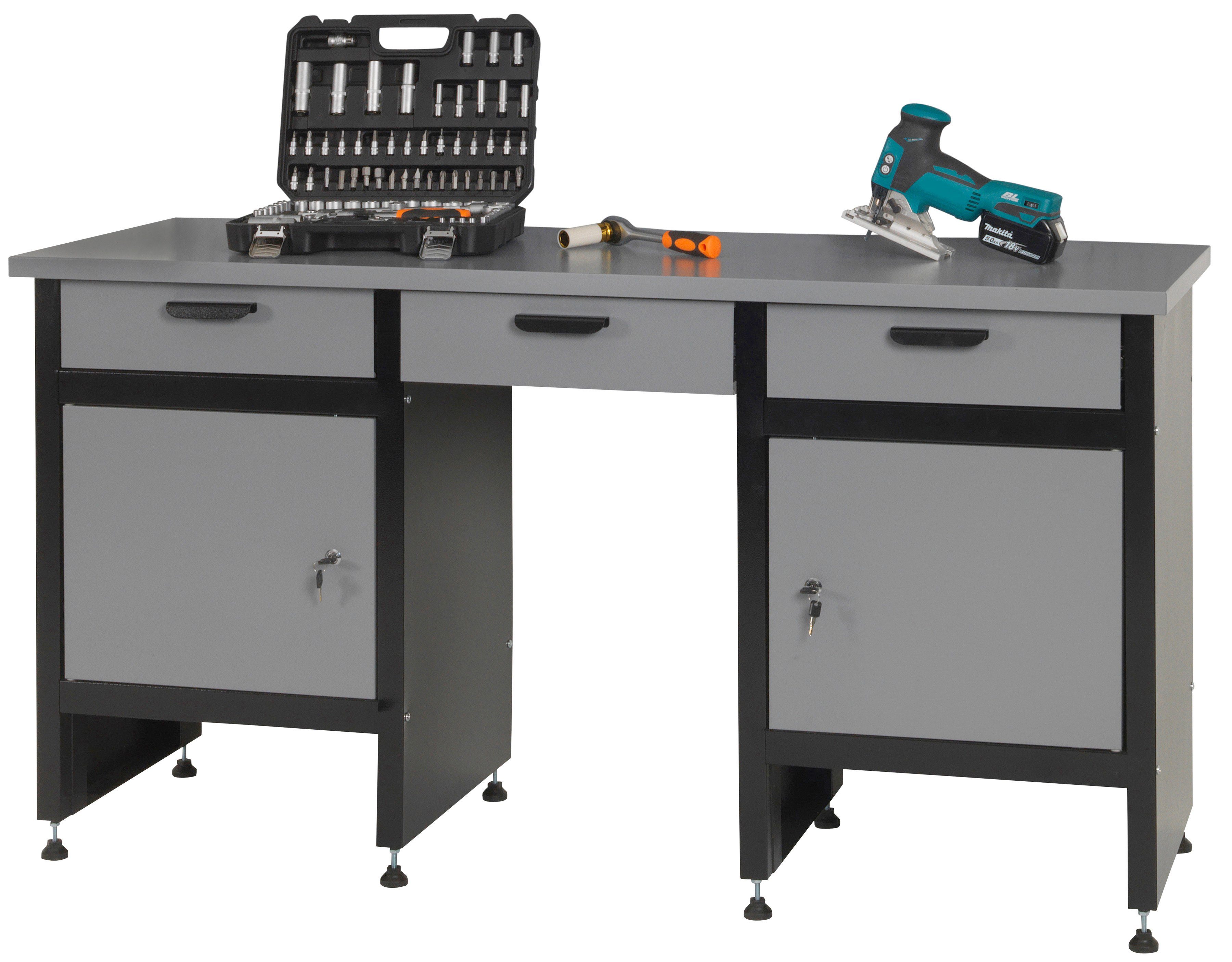 Profiwerk Werkbank Kiel, Breite 160 cm, abschließbar, höhenverstellbar, robuste Arbeitsplatte