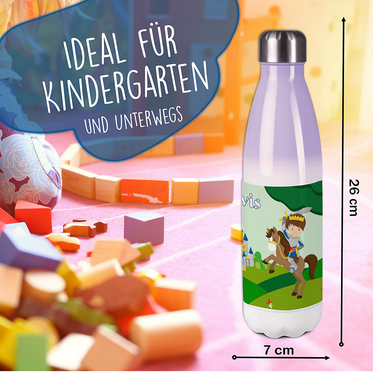 Edelstahl Kinder Thermoflasche / Trinkflasche bunt Ritter 2 Spülmaschinenfest, Auslaufsicher, Bruchfest, Doppelwandig, Für Heißgetränke geeignet, Mit Deckel, Isoliert