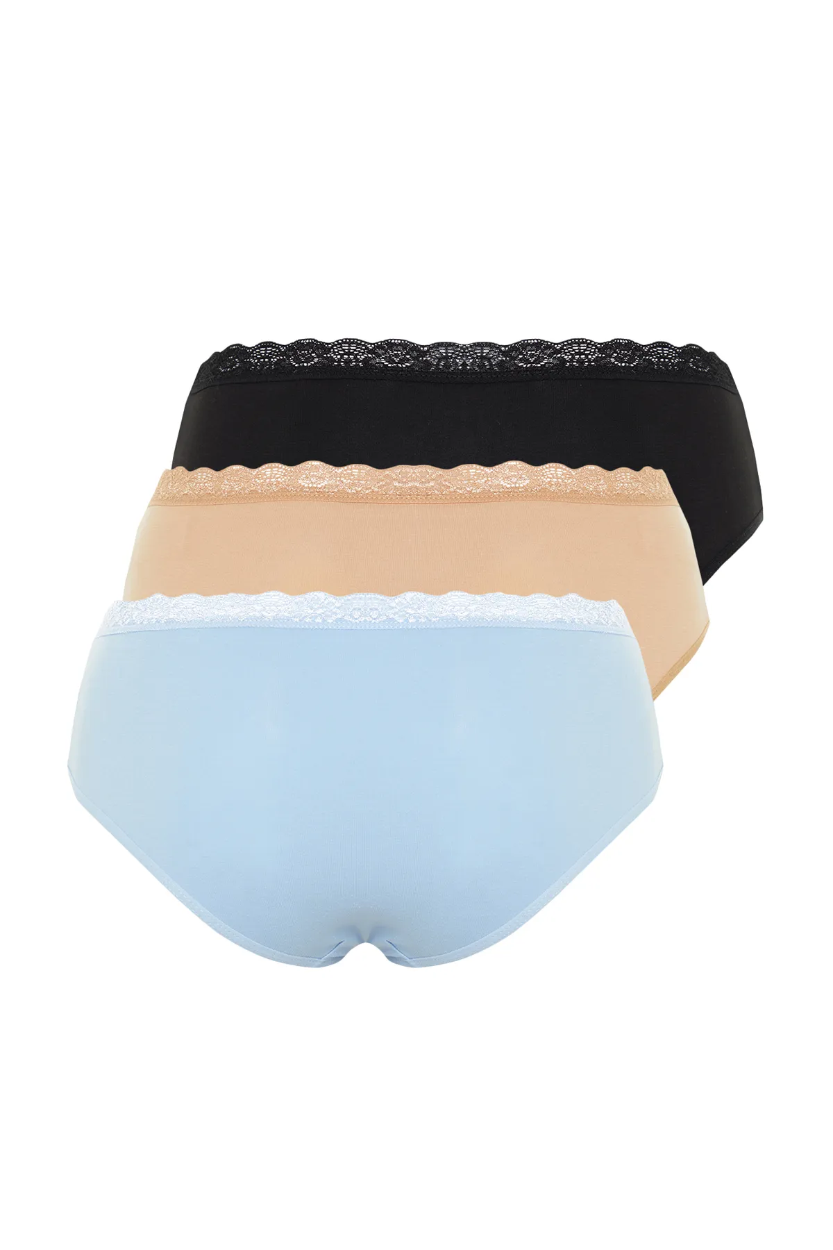 Trendyol Collection  Schwarz-Hautblaues 3er-Pack Hipster-Strickhöschen aus Baumwolle mit Spitze und bequemer Passform THMAW24KU00009