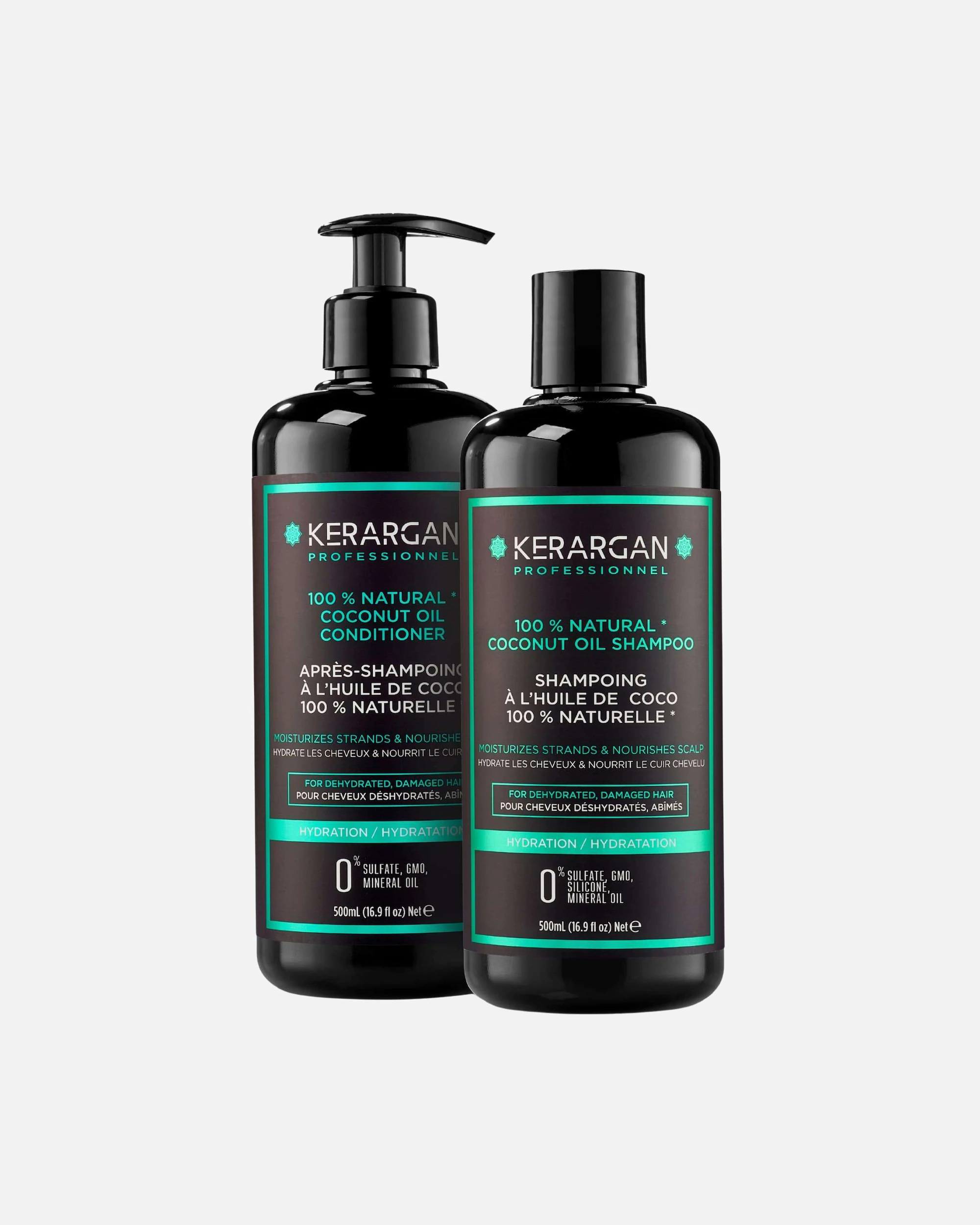 Kerargan - Duo Shampoing et Après-Shampoing Hydratant à l'huile de coco pour cheveux secs et abîmés