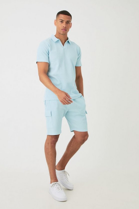 Slim-Fit Poloshirt & Cargo-Shorts in Waffeloptik