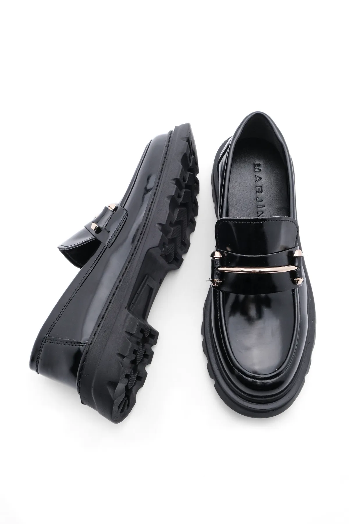 Marjin  Damen Loafer Dicke Sohle Kette Freizeitschuhe Zolez Schwarz Öffnung