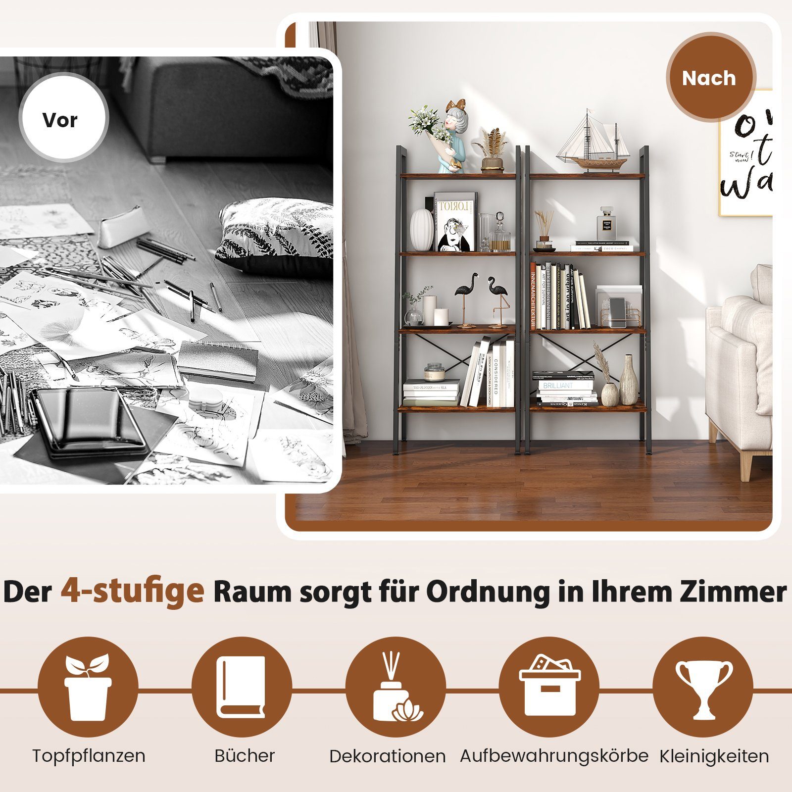 COSTWAY Bücherregal, stehend, 4 Ebenen, Metallrahmen, Kippsicherungen, 138cm