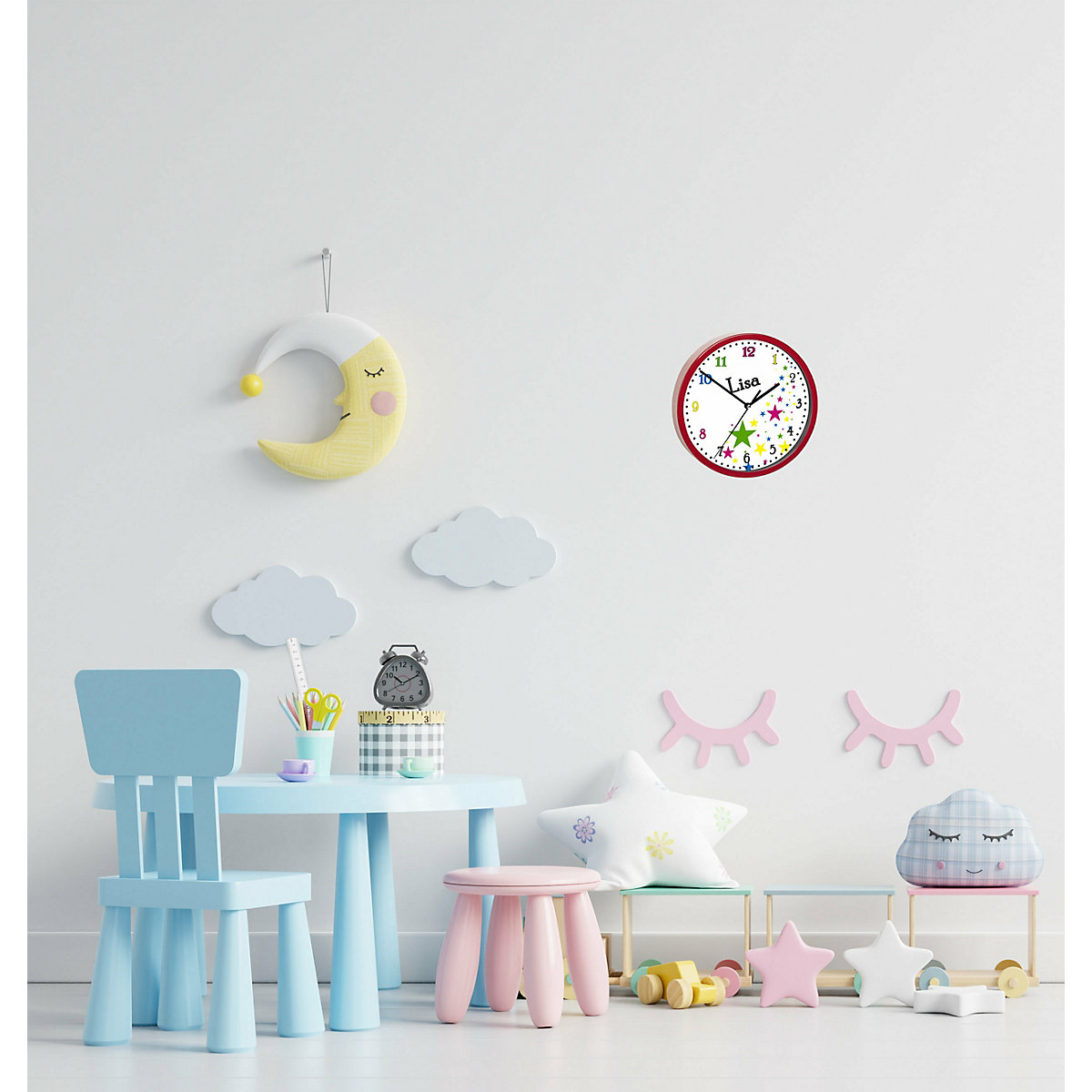 Kinder Wanduhr laufruhig personalisiert mit Name Sterne