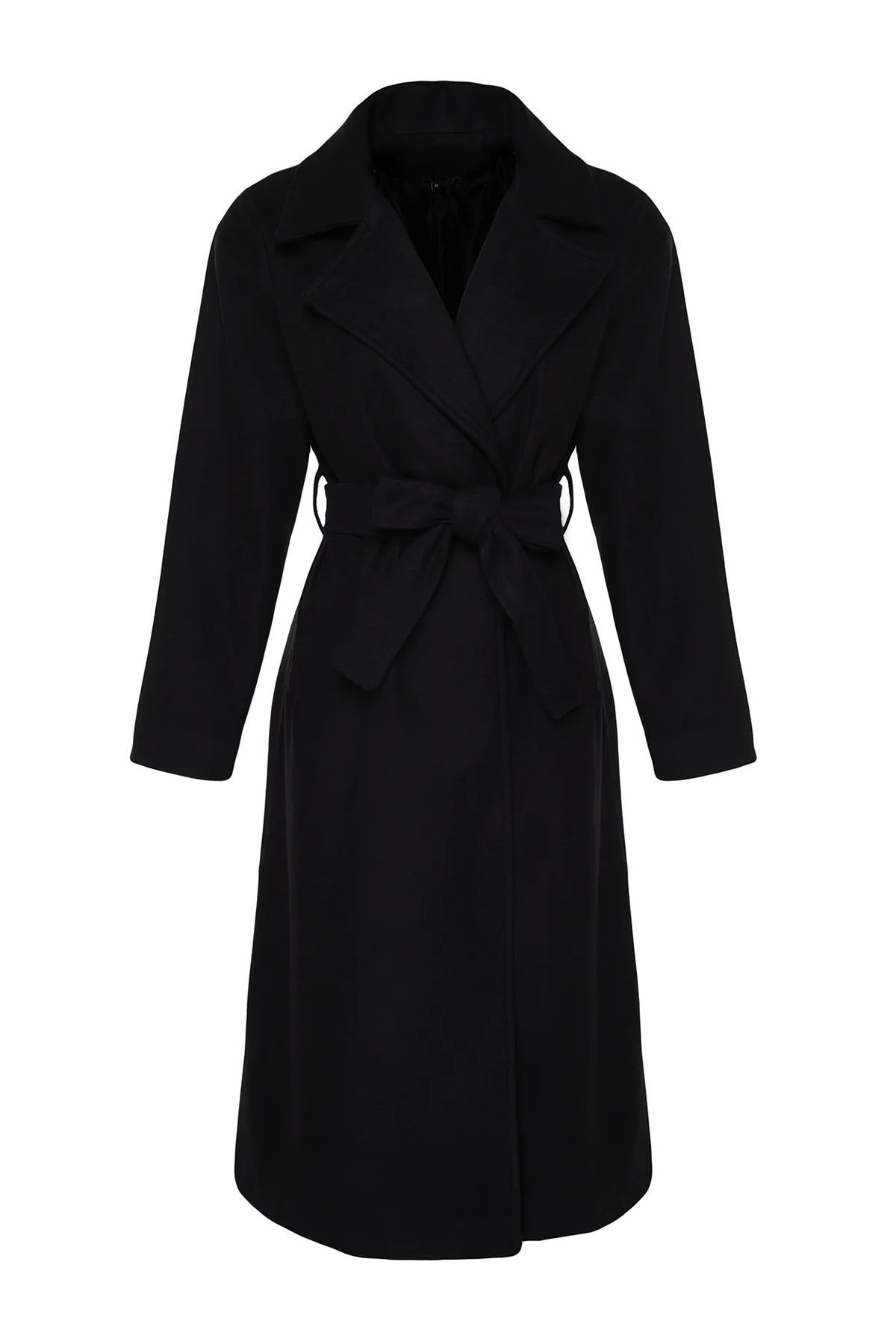 Trendyol Modest  Schwarzer, langer, gefütterter Kaschmirmantel mit Gürtel TCTAW24AB00035