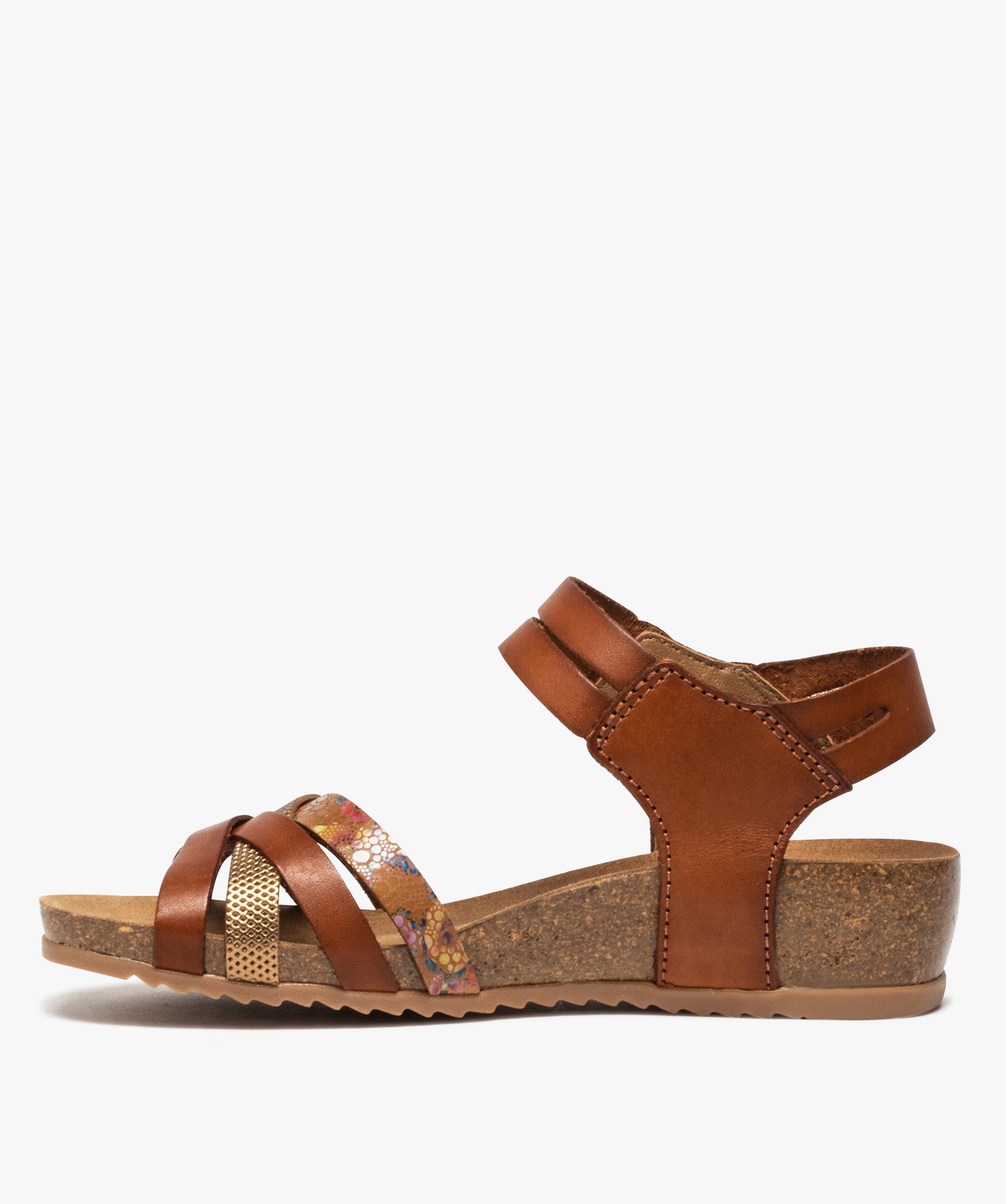 Sandales femme confort dessus cuir avec brides scratch camel | GEMO