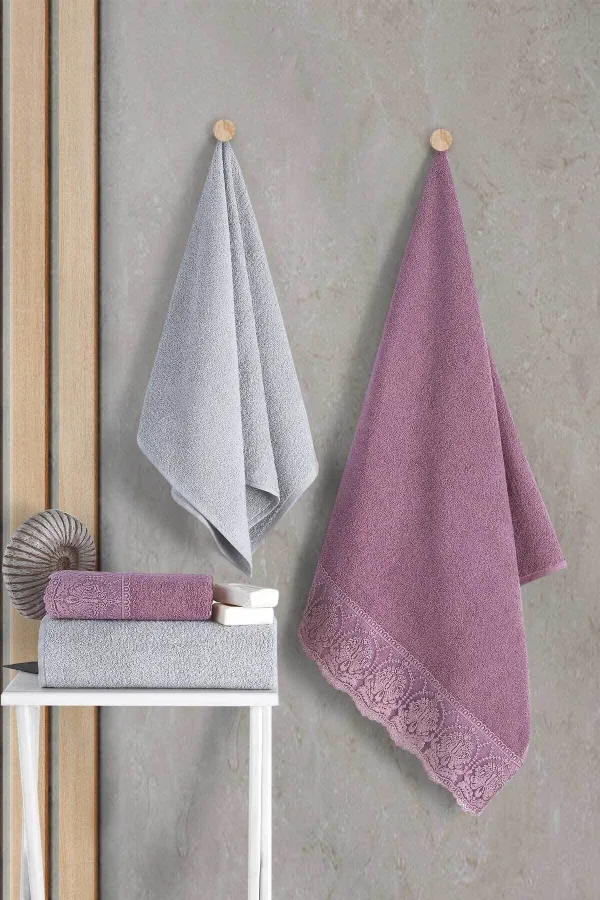 Elart  Türkisches Badetuch-Set aus 100 % Baumwolle, 4-teilig, Spitze, violett, staubige Rose