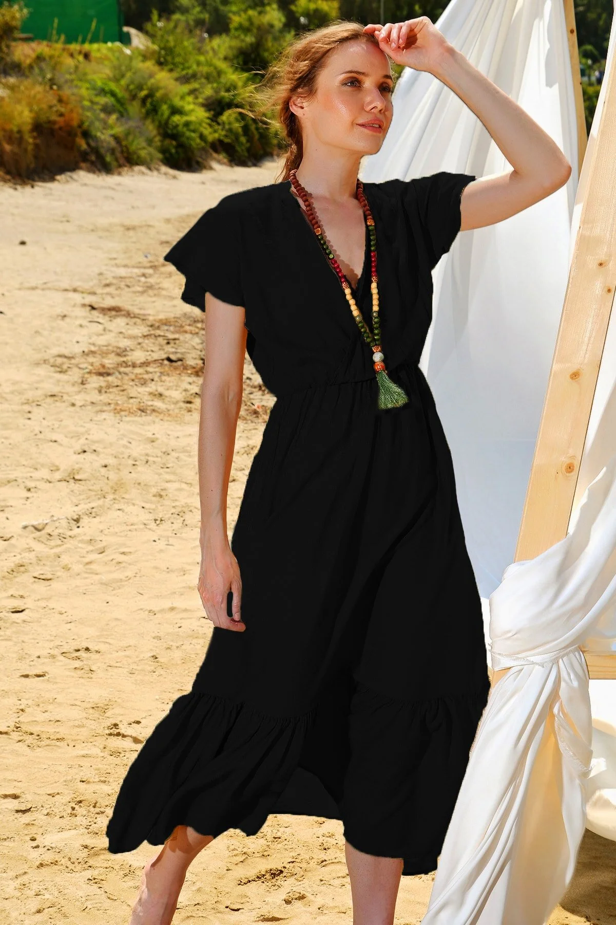 Trend Alaçatı Stili  Schwarz gestreiftes, zweireihiges, gekräuseltes Maxikleid mit Kragen für Damen ALC-X4373