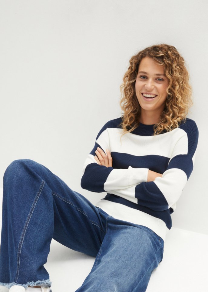 Rundhals-Feinstrickpullover mit Blockstreifen