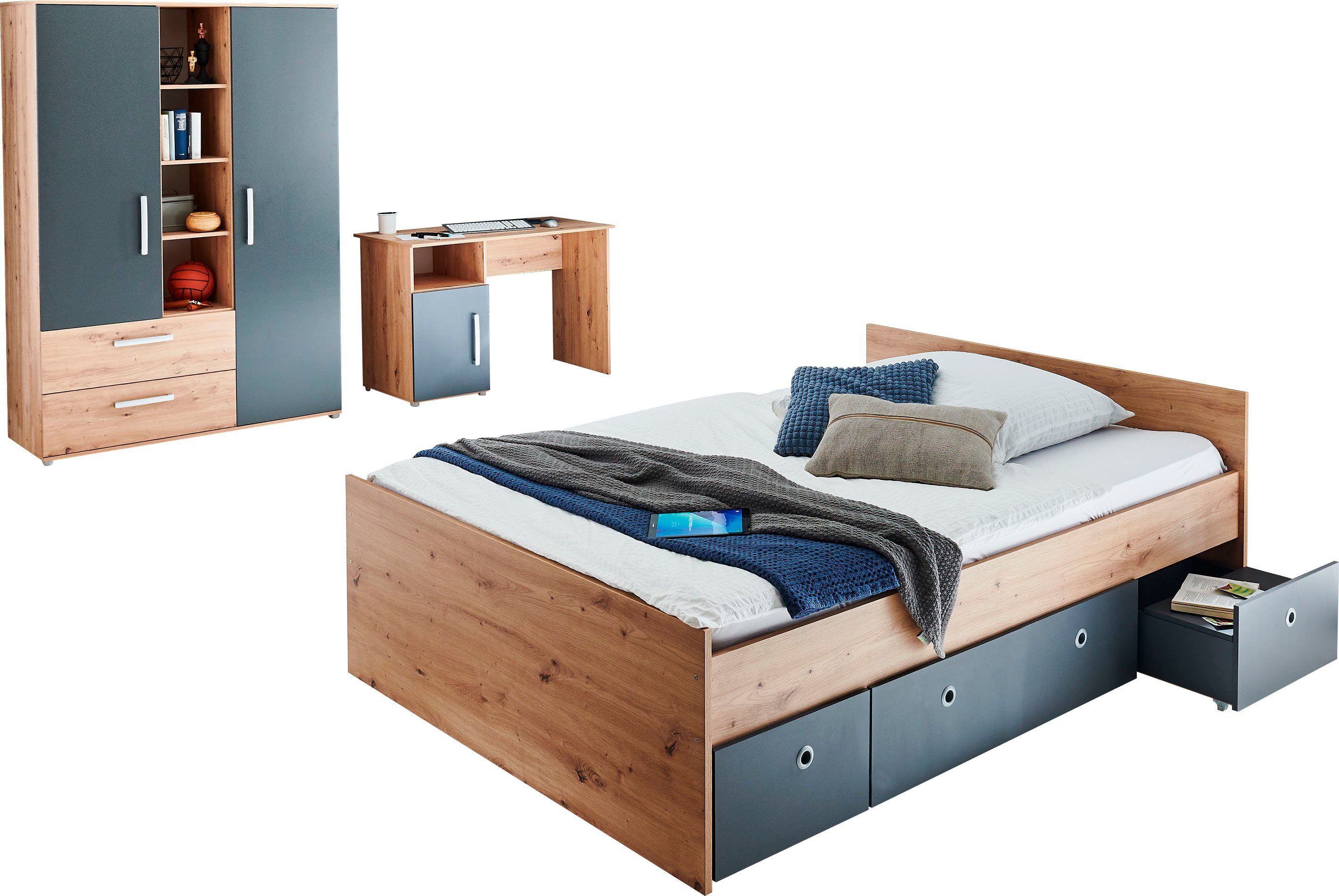 arthur berndt Jugendzimmer-Set Alessio, (Set, 4-St., Kleiderschrank mit Schubfächern, Regalelement, geräumiger Auszug), mit Melamin-Oberfläche