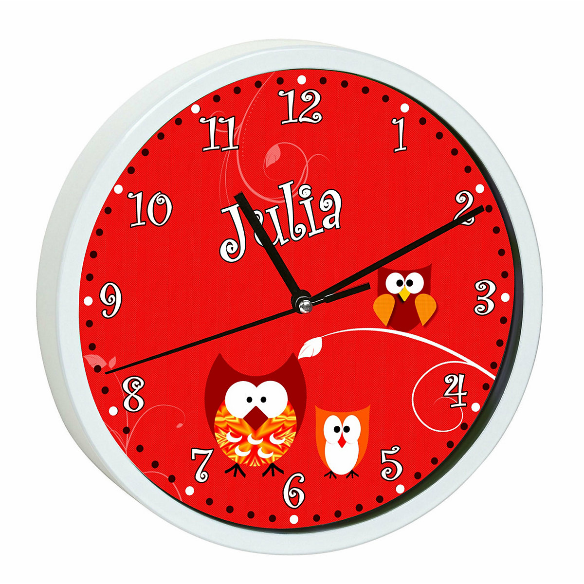 Kinder Wanduhr personalisiert mit Name Eule Rot