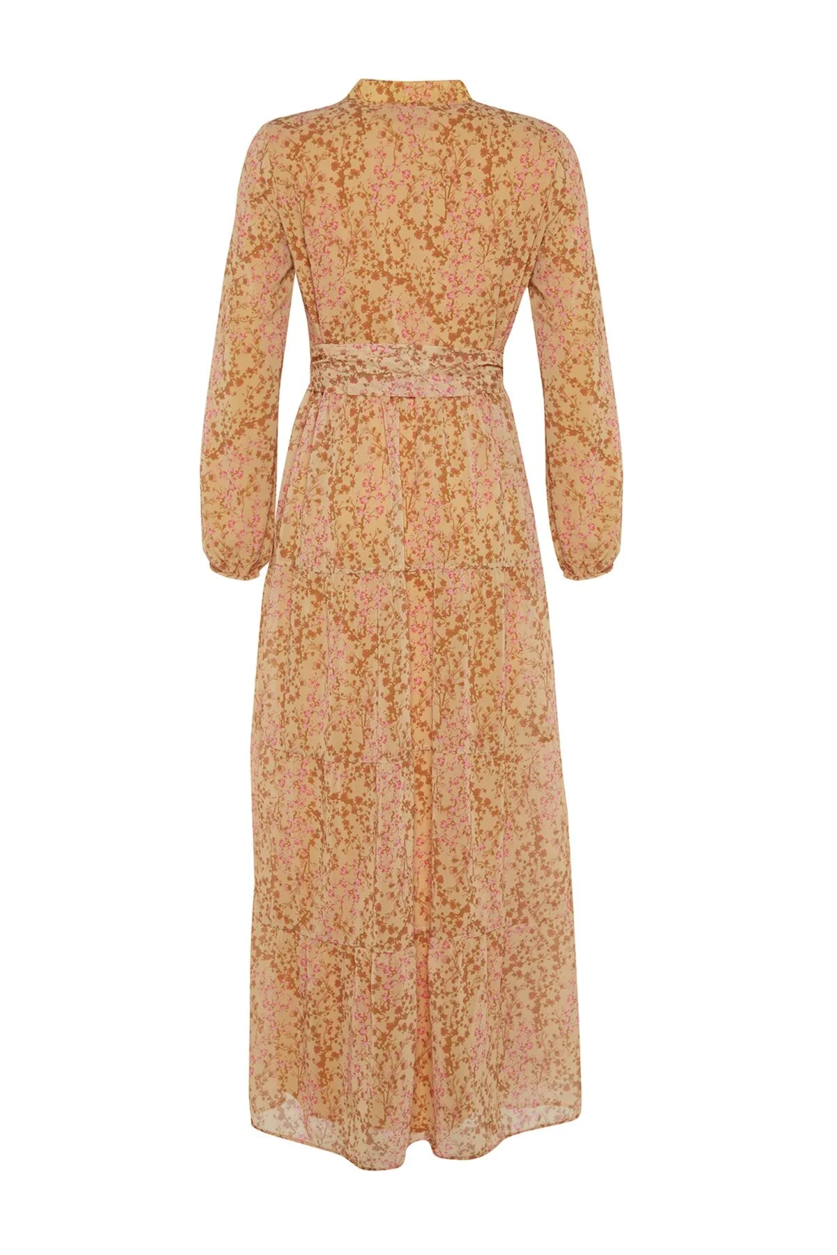 Trendyol Modest  Gelbes Kleid aus gewebtem Chiffon mit Blumenmuster, Gürtel, Stehkragen und Futter TCTSS21EL3346