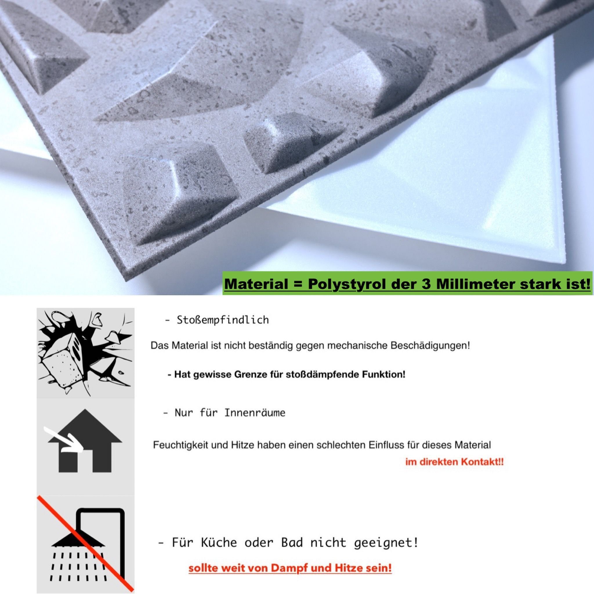 IKHEMalarka 3D Wandpaneel 4m²/16PCS Wandverkleidung Deckenpaneele POLYSTYROL Betonlook, BxL: 50,00x50,00 cm, 0,50 qm