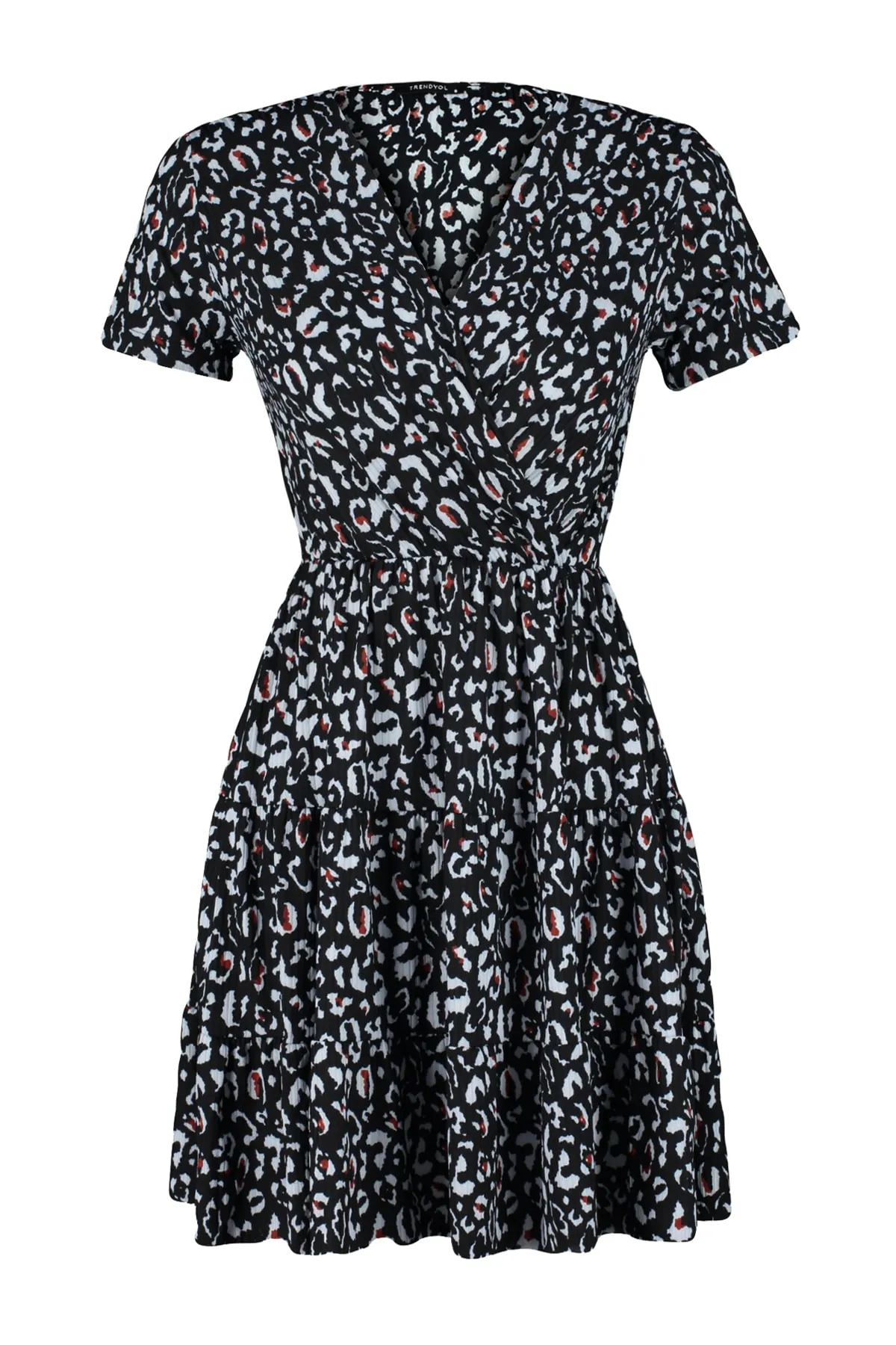 Trendyol Collection  Schwarzes, bedrucktes, zweireihiges Mini-Stretch-Strickkleid mit zweireihigem Ausschnitt TWOSS21EL0241
