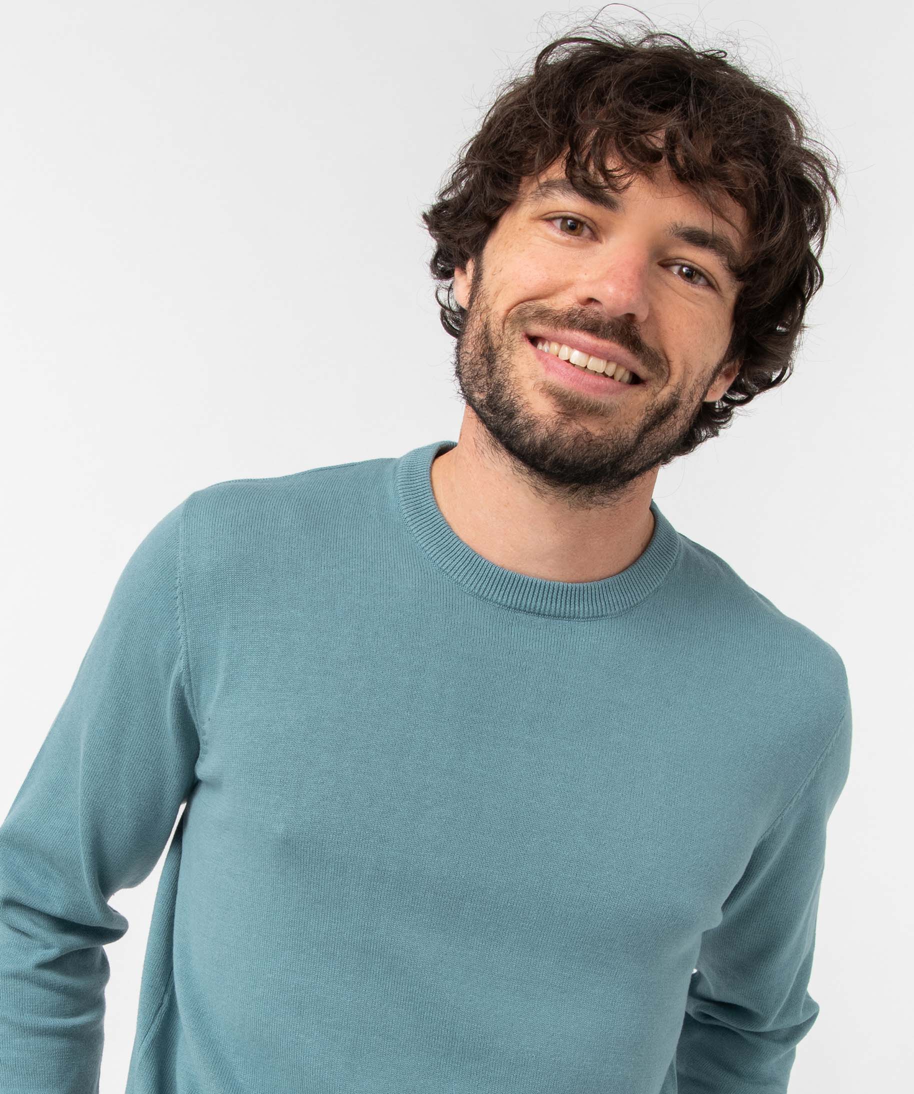 Pull homme à col rond en coton bleu | GEMO