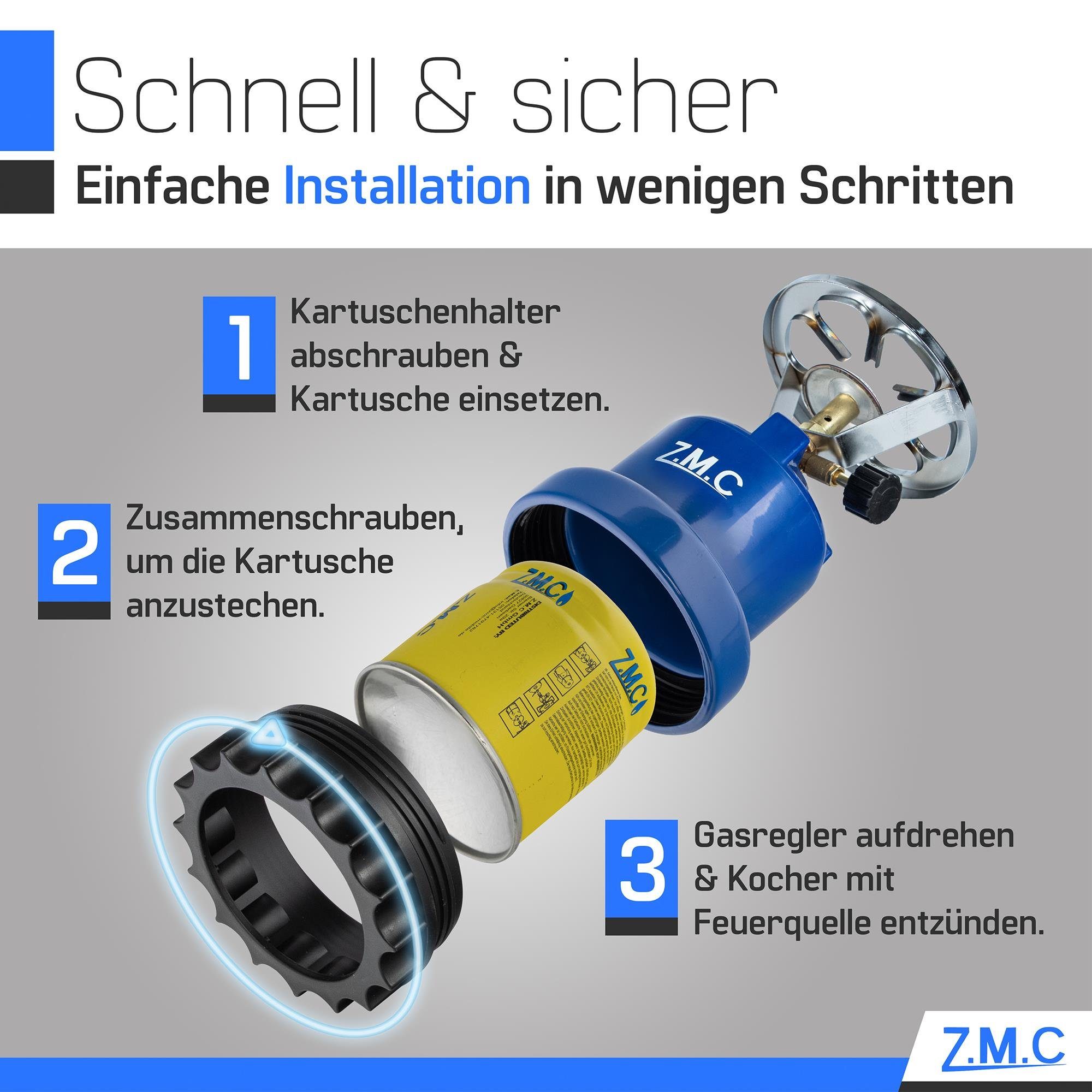 ZMC Gaskocher Campingkocher Gaskocher Shisha Kohleanzünder + 10x Gaskartuschen 190g, (Maximale Temperatur: 1100W / Gewicht: 520g / Butangas), Butangasbrenner Kartuschenkocher Kochfeld für Festivals, Wanderungen