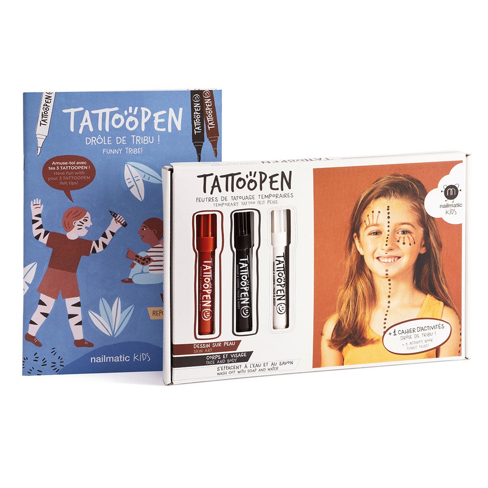 nailmatic Kit TATTOOPEN Drôle de Tribu Coffret avec 3 feutres de tatouage temporaire et un cahier d'activitié