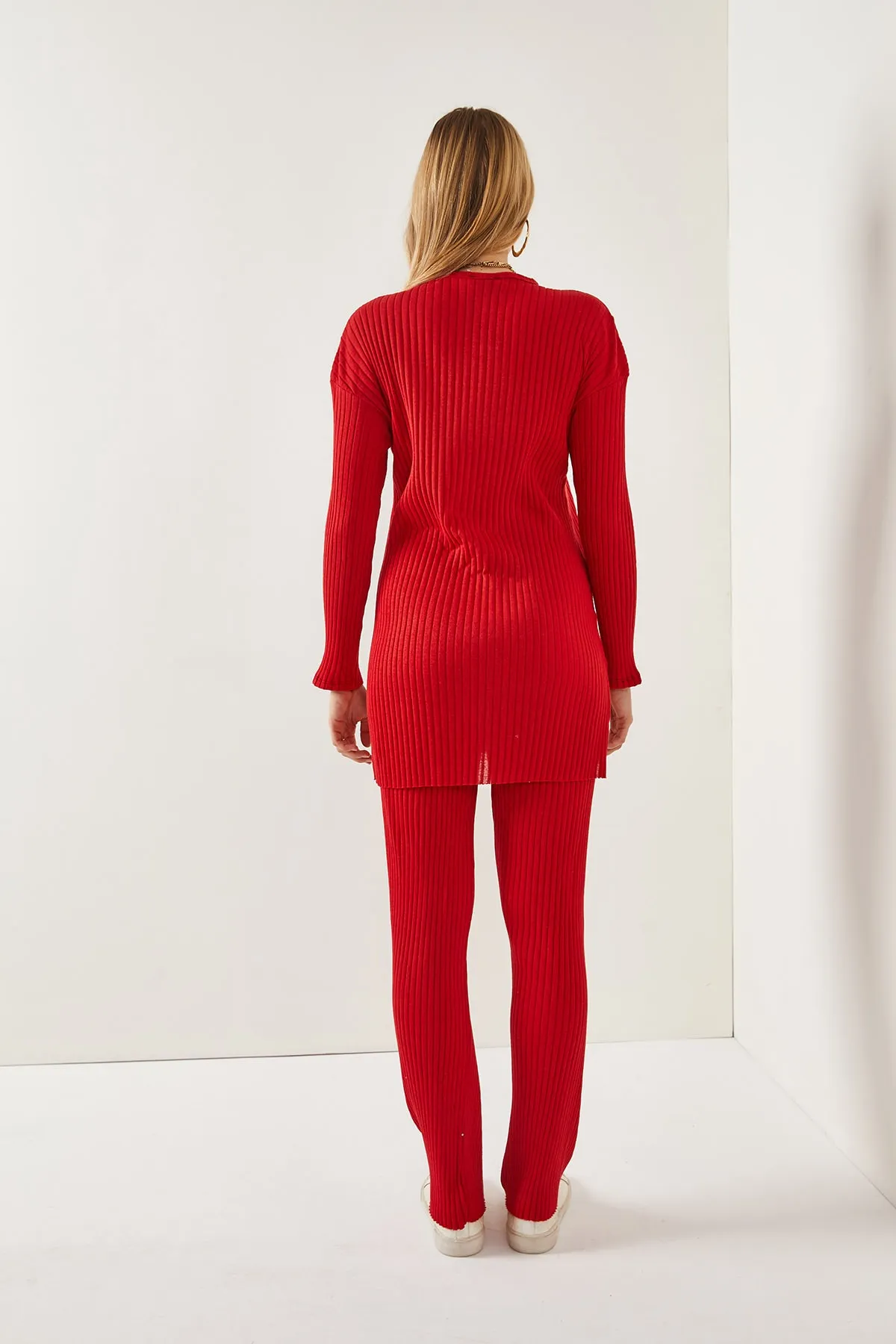 Olalook  Damen Rotes Oberteil mit Schlitz, Bluse, Unterteil, Palazzo, gerippt, Team TKM-19000180