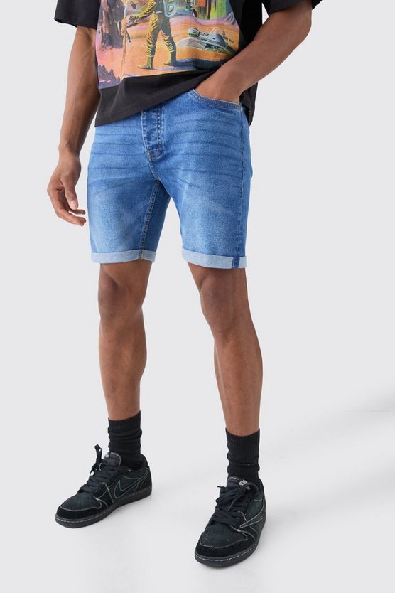 Mittelblaue Skinny Stretch Jeansshorts