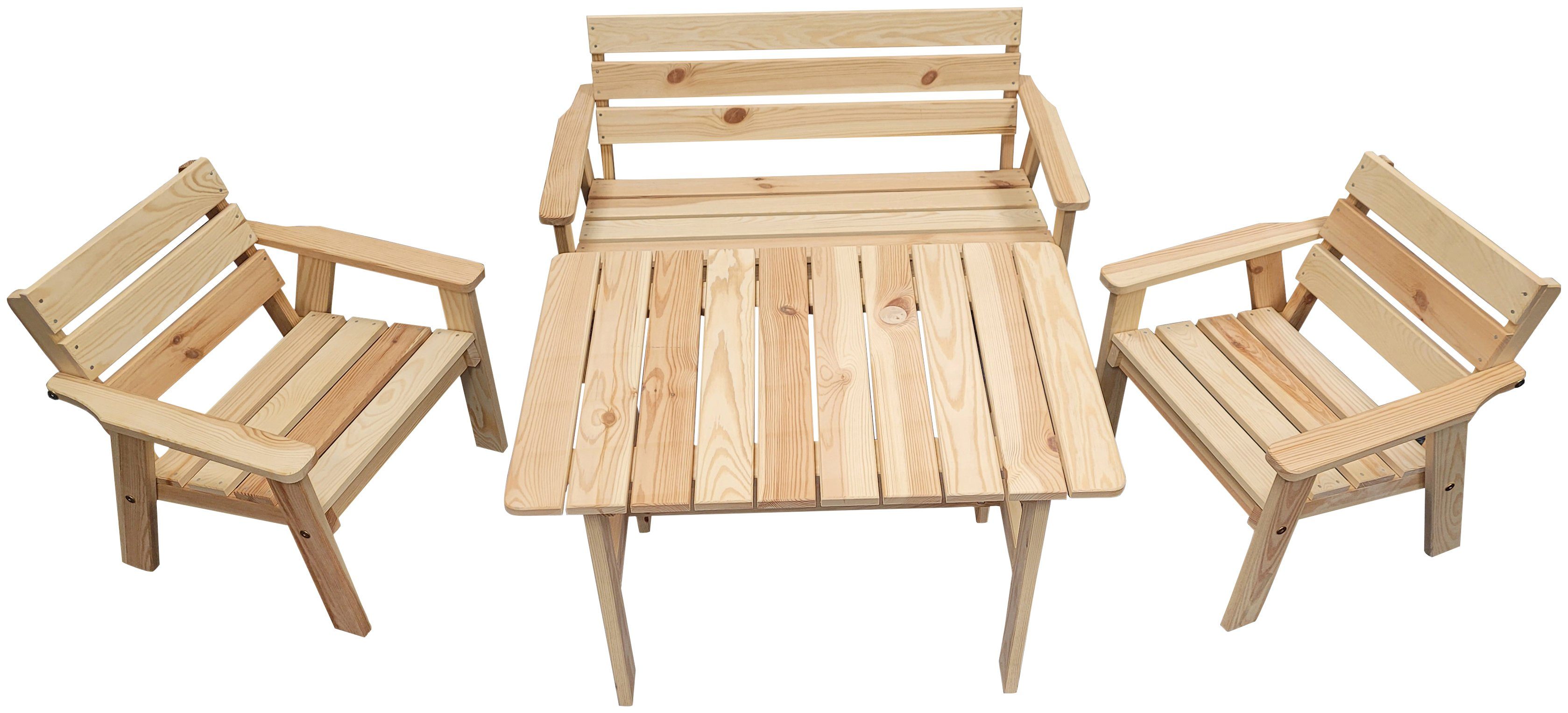 promadino Garten-Kindersitzgruppe Fehmarn, (4-tlg), aus Kiefernholz, 1 Bank, 1 Tisch, 2 Stühle