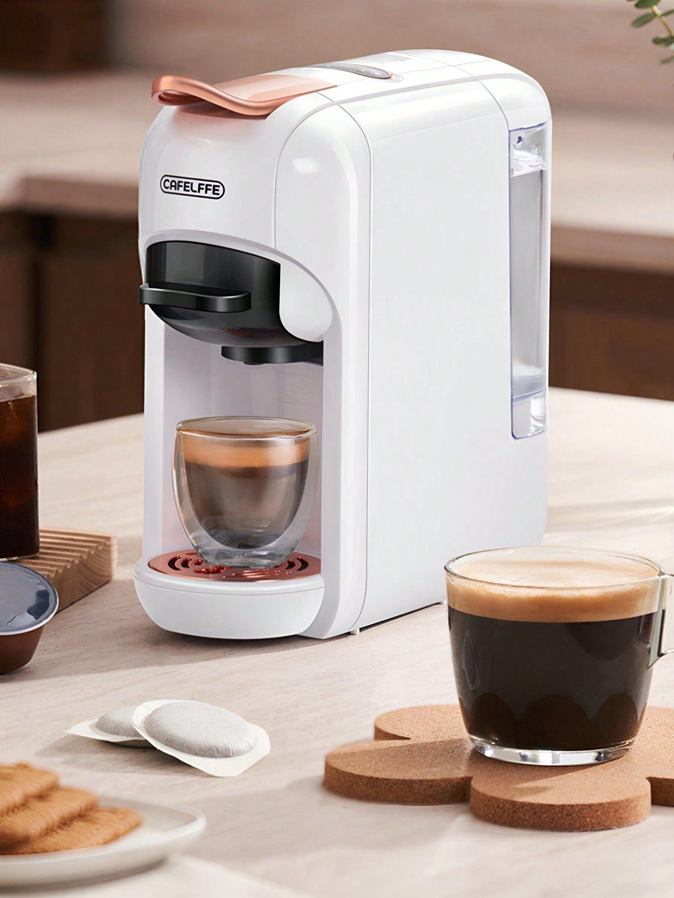 KREATE Kapselmaschine 5-in-1-Kaffeemaschine, 19-Bar-Espressomaschine, Kalt-/Heißmodus, 0.6l Kaffeekanne, Kompatibel mit Kcup*/Nes* Original/DG*/ESE Pod/gemahlenem Kaffee Wassermenge Stufe 7, 110*275*265 mm, Abnehmbarer 20-Unzen-Behälter, LED-Streifen