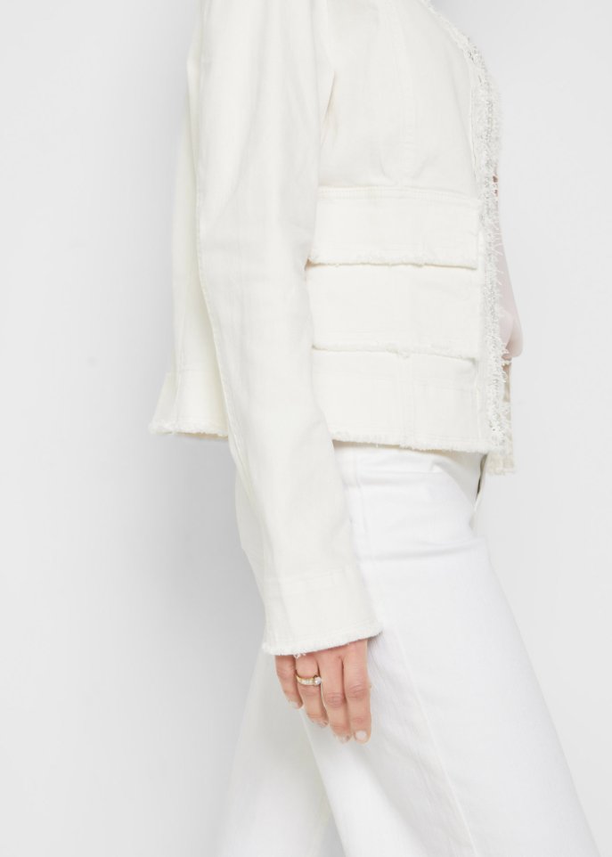 Jeansjacke mit Tweed und Perlen