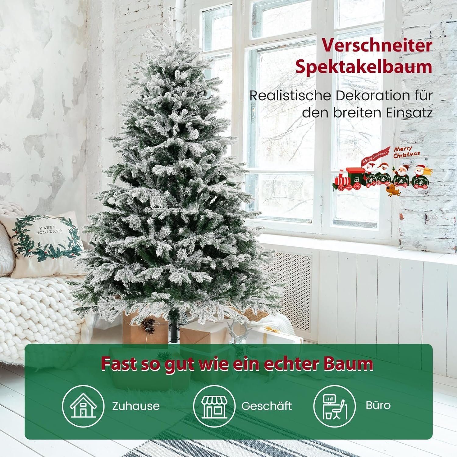 JUNG Künstlicher Weihnachtsbaum Künstlicher Spritzguss Weihnachtsbaum mit Beleuchtung + Schnee 1,80m, Edeltanne, Nordmanntanne Premium Edel, Baum Tanne, Christbaum + Ständer Weihnachtsbäume künstlich mit Licht Nordmann