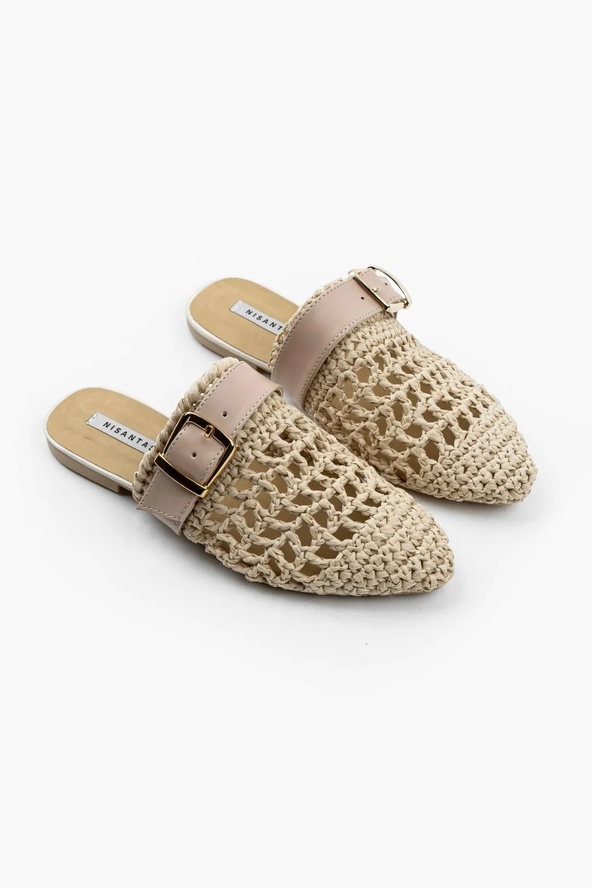 NİŞANTAŞI SHOES  Beste beige gestrickte Damenhausschuhe mit Gürteldetail und flacher Sohle
