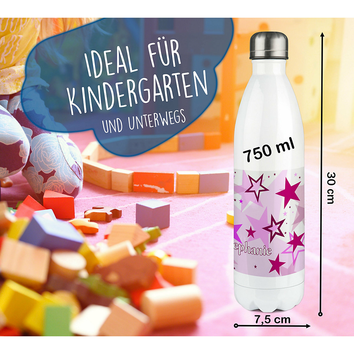 Edelstahl Kinder Thermoflasche / Trinkflasche bunt Sternenhimmel Farbe rosa Spülmaschinenfest, Auslaufsicher, Bruchfest, Doppelwandig, Für Heißgetränke geeignet, Mit Deckel, Isoliert