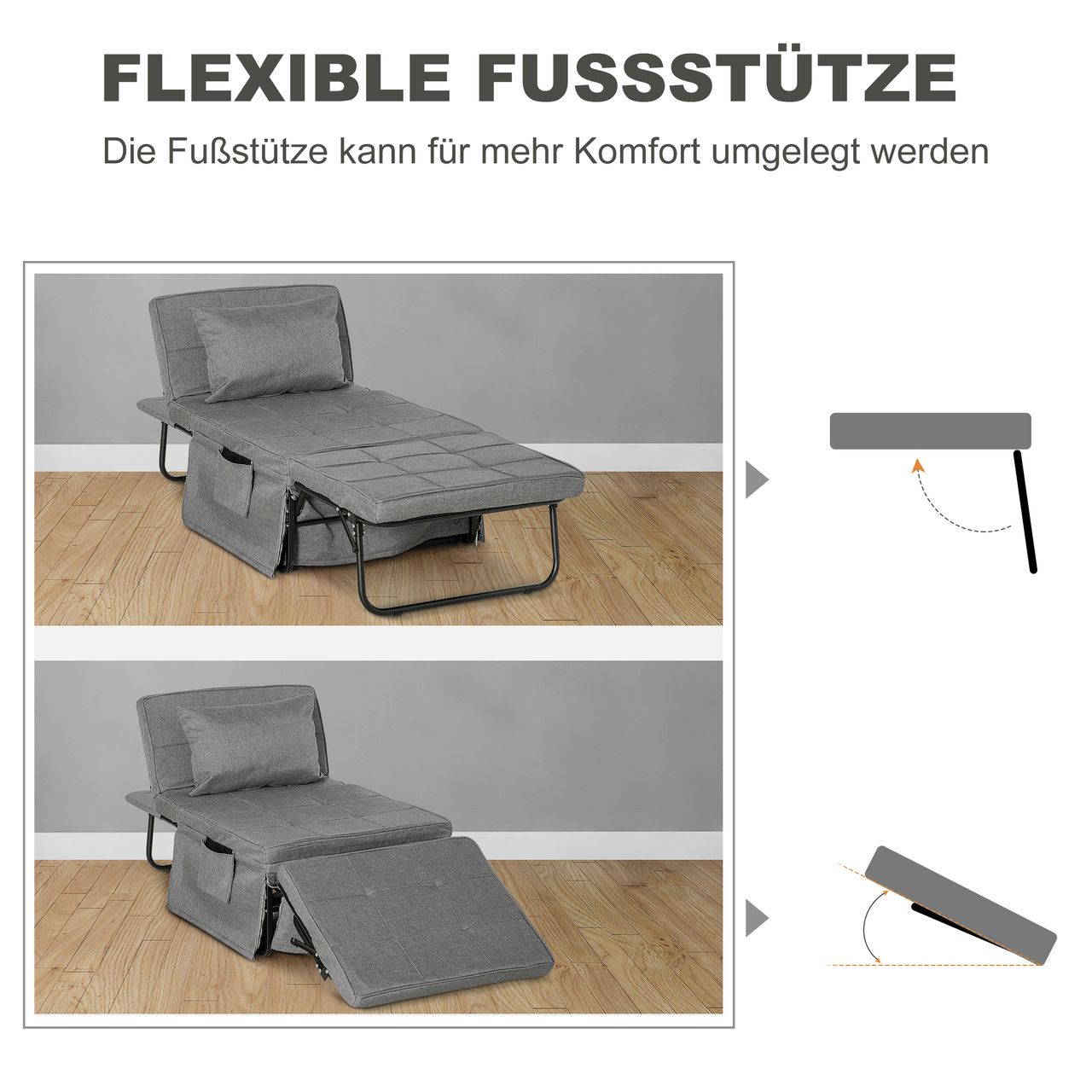 HOMCOM 4-in-1 Einzelbett Klappbett Gästebett klappbare Reisebett Sessel Ottomane mit 8 cm Matratze 5-Stufen Höhenverstellbar mit stabilem Stahlrahmen Grau 188 x 75 x 38 cm…