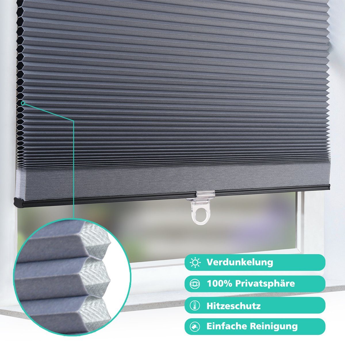 Verdunklungsrollo Wabenplissee mit Bohren Verdunkelung Rollo 100% verdunkelnd Blickdicht, Sekey, Bohren, verspanntauf, Kabelloses Design ist sicherer, Lichterschutz, Aluminiumschiene