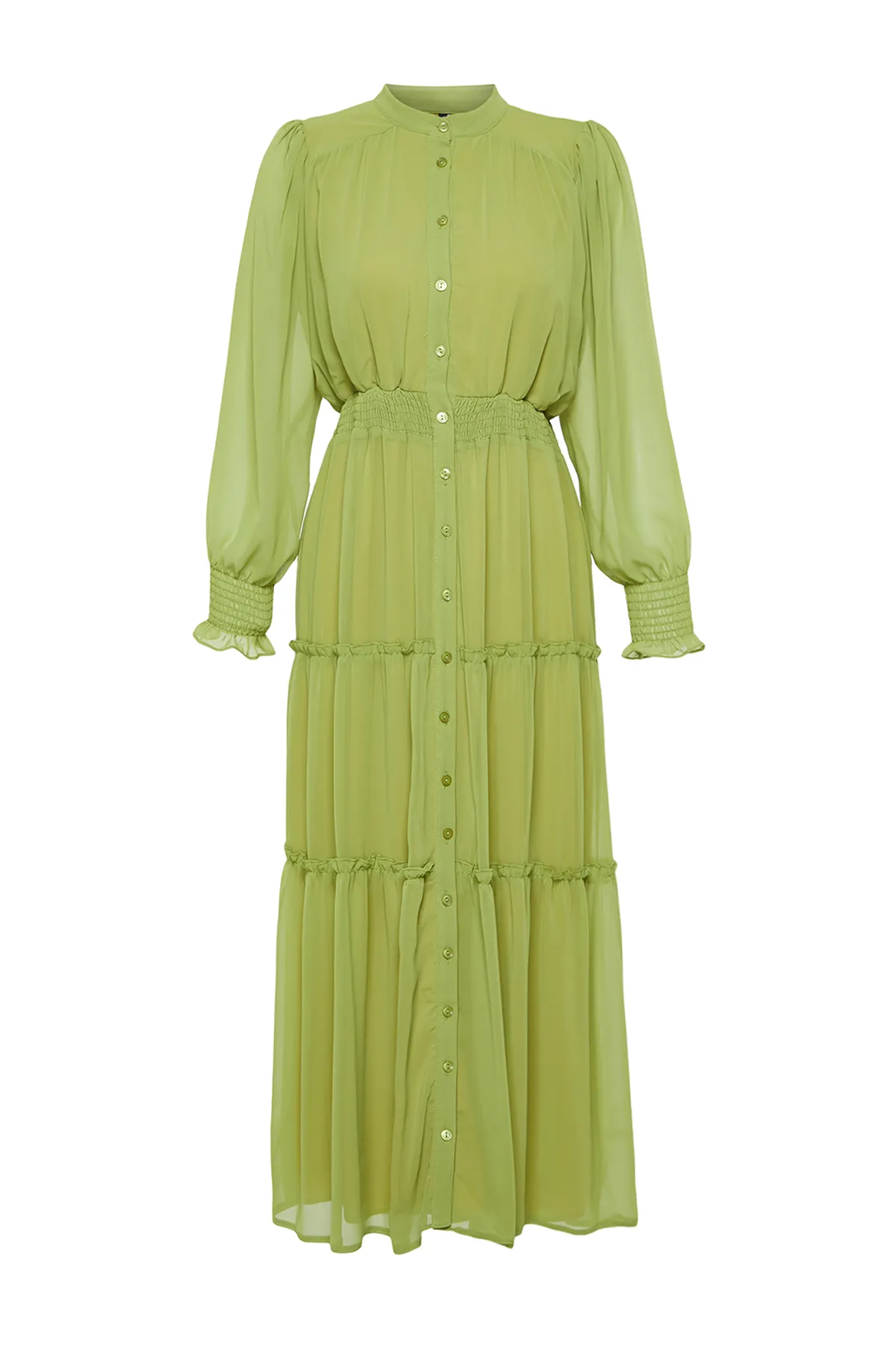 Trendyol Modest  Gefüttertes, gewebtes Chiffon-Hemdkleid mit grünen Ärmeln und Gipe-Detail an der Taille TCTSS24EB00046