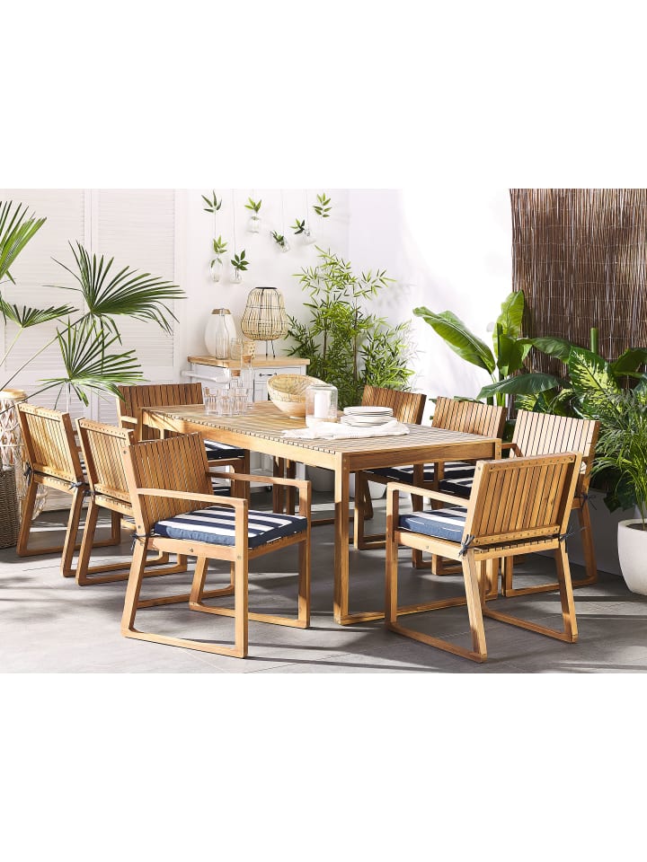 Beliani 9-tlg Gartentisch Set SASSARI in Heller Holzfarbton/Weiß/Blau günstig kaufen onesize