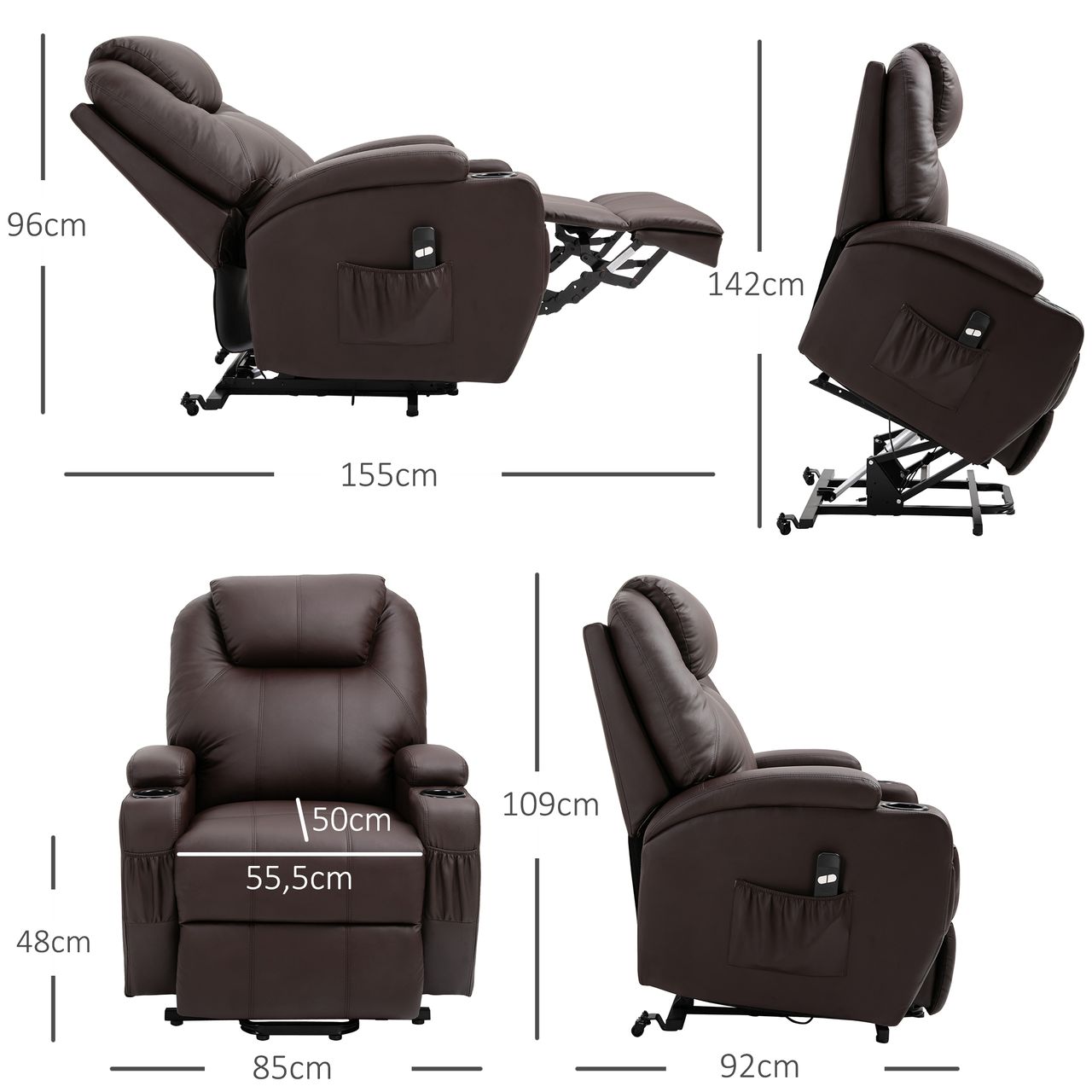 HOMCOM Sessel mit Aufstehhilfe Relaxsessel Kunstleder Metall Kaffee-Braun