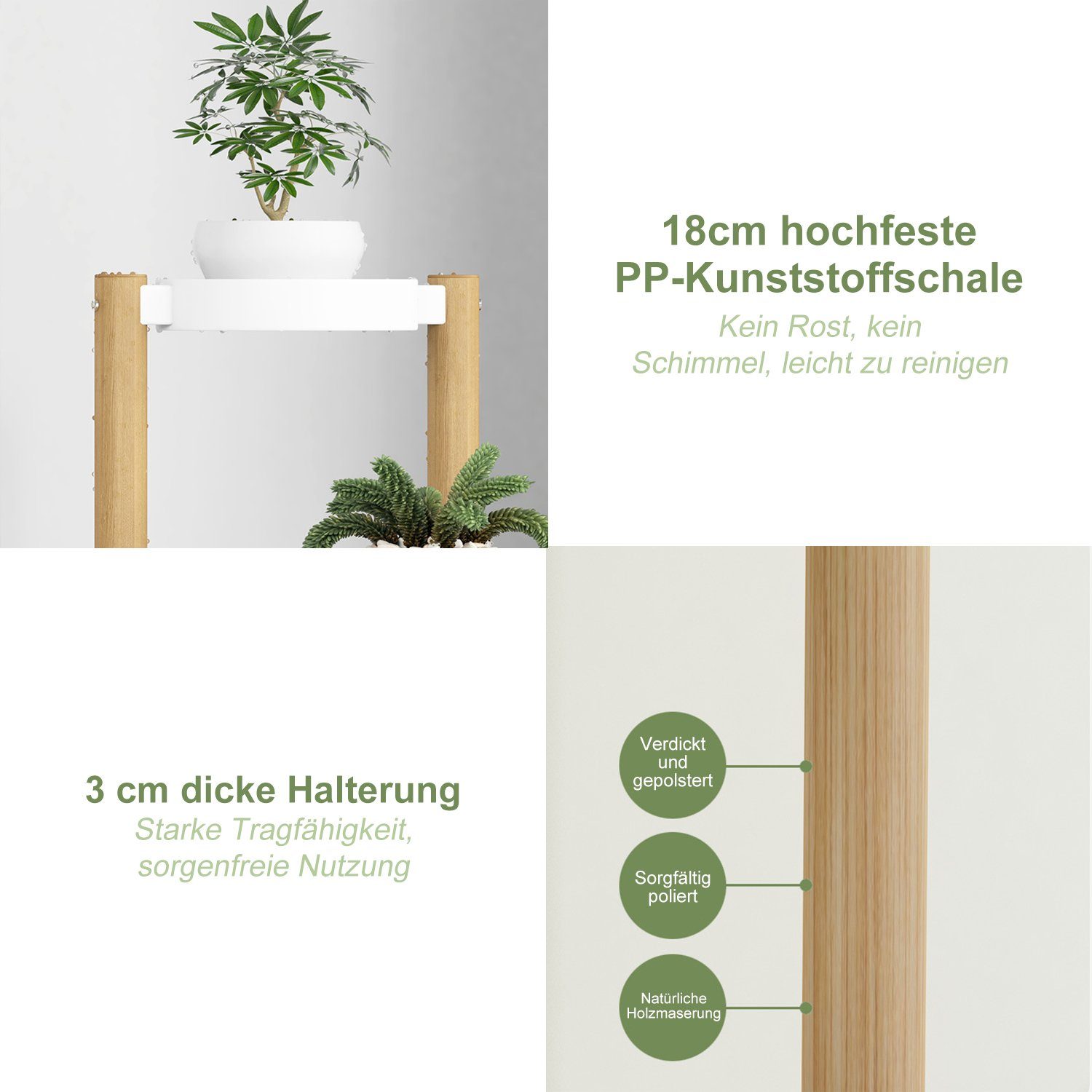 Kpaloft Blumenständer Holz 4 Ebenen Pflanzenregal rund, 78cm Höhe, 18 cm breite PP-Schale, Blumenhocker für den Garten, Wohnzimmer, Schlafzimmer, Terrasse