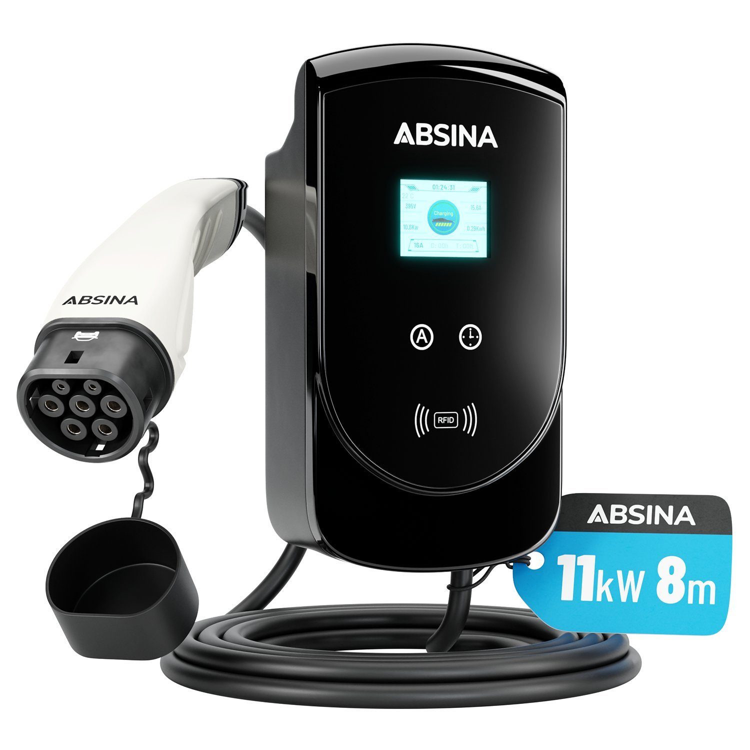 ABSINA Elektroauto-Ladestation Wallbox 11kW mit Typ 2 Ladekabel 8m - Elektroauto Ladestation bis 16A