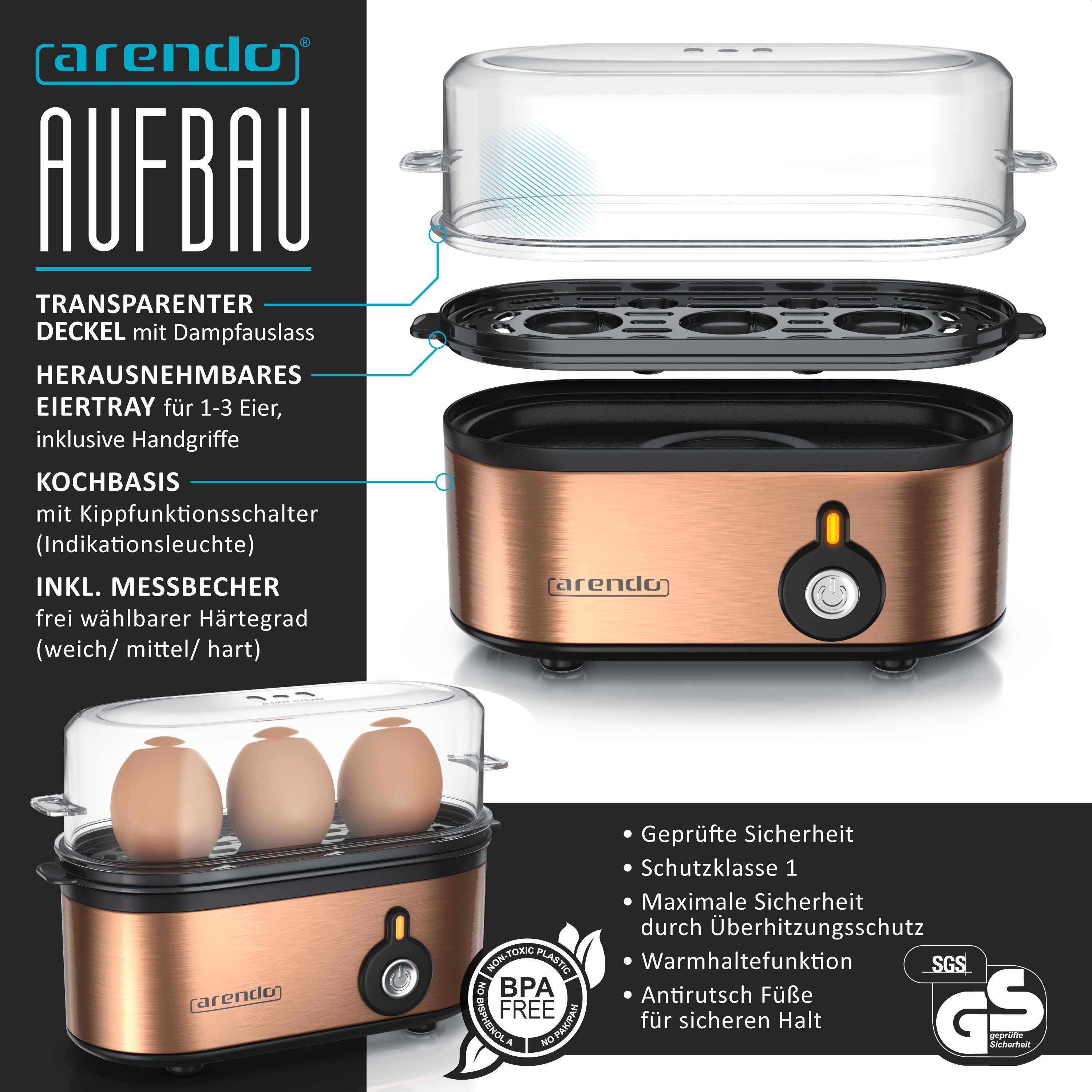 Arendo Frühstücks-Set (3-tlg), Wasserkocher 1,5l, 2-Scheiben Toaster, 3er Eierkocher, Kupfer