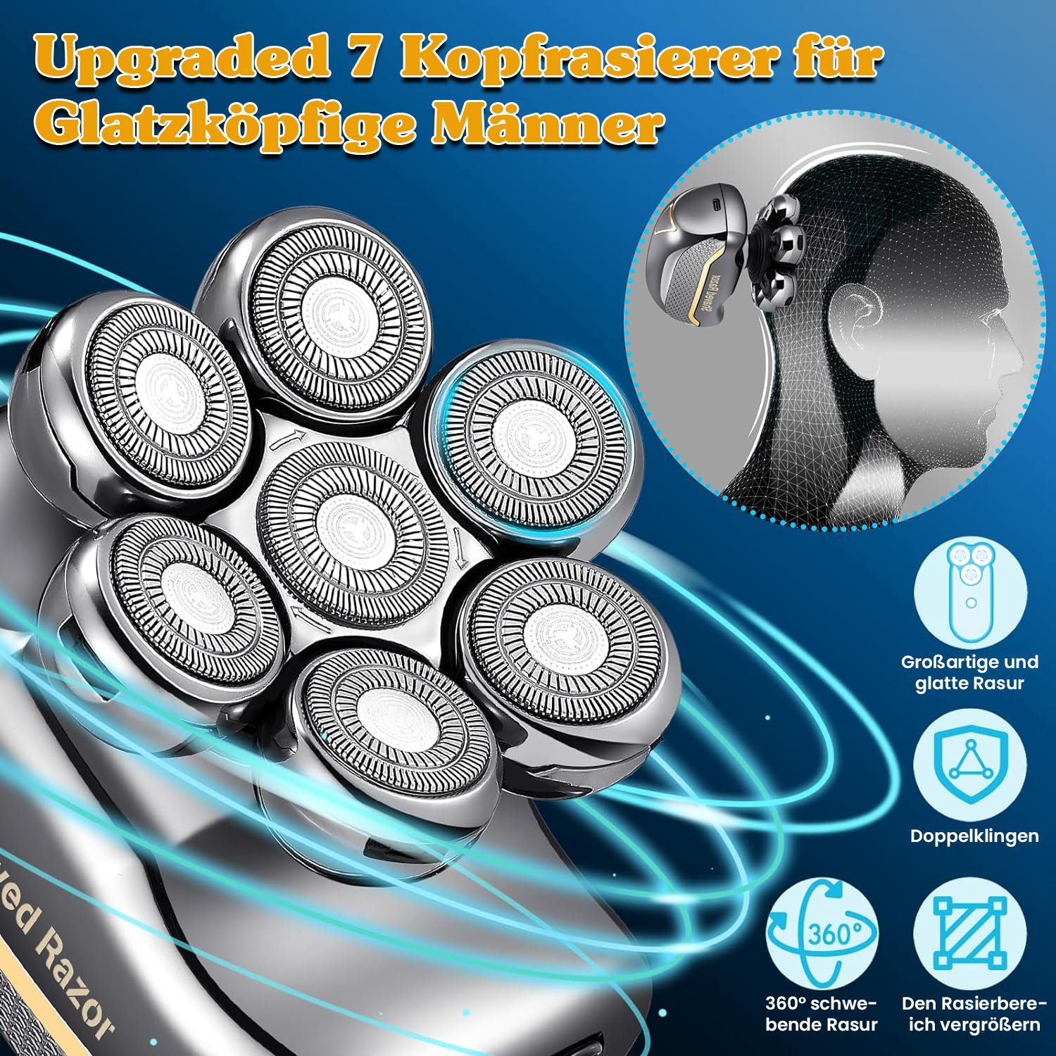 keystar Elektrorasierer 6-in-1 Wasserdichter Rasierer für glatte Köpfe, Nass/Trocken, Elektrorasierer - Herren Pflegeset mit LED-Display, Wiederaufladbar, inklusive Reisetasche, Aufsätze: 6, - 7D Rasierapparat, Haartrimmer, Nasenhaartrimmer, Gesichts