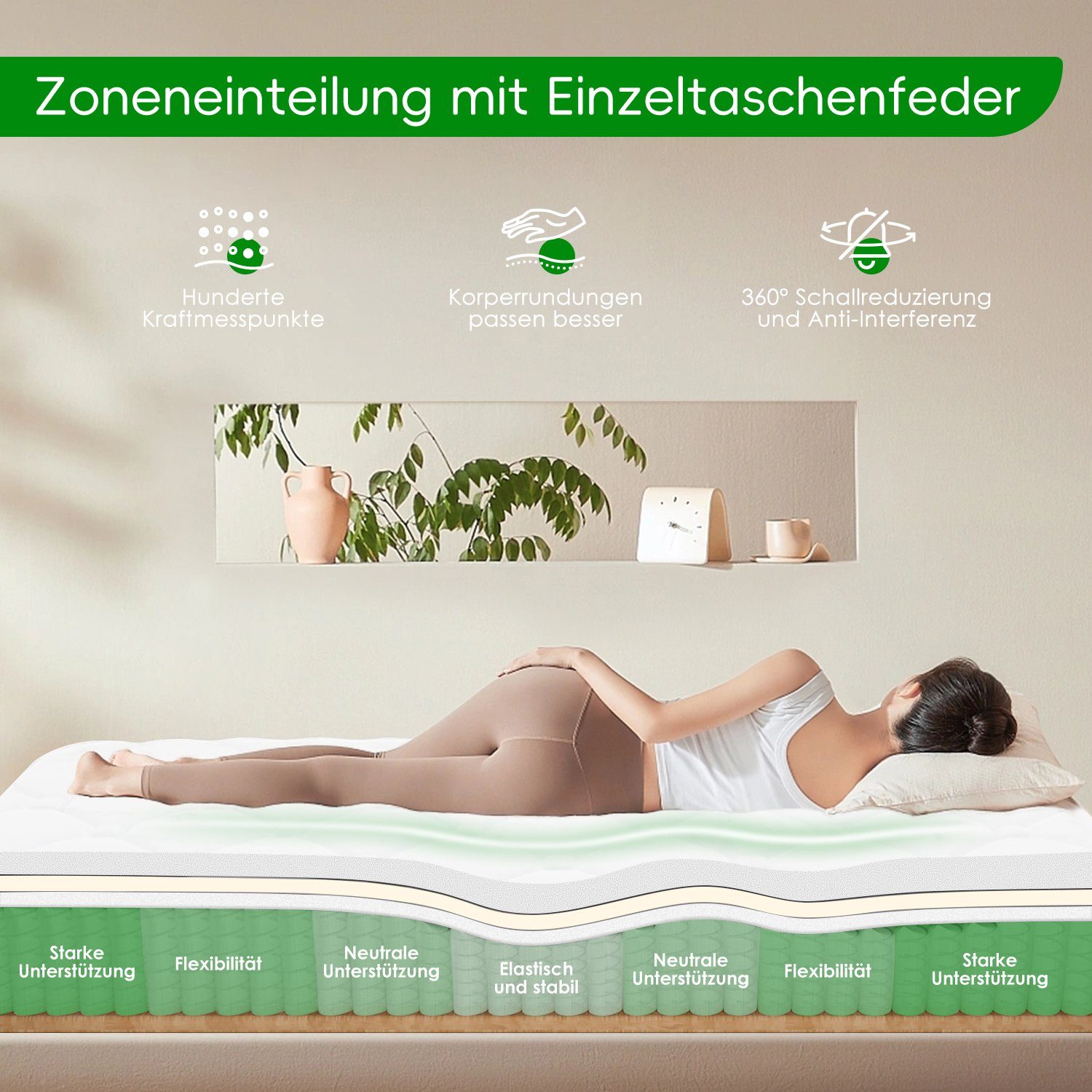 Taschenfederkernmatratze Matratze,7-Zonen,Federkernmatratze,Tonnentaschenfederkernmatratze, Portreen, 25 cm hoch, Boxspringmatratze Matratzen für Kinder und Erwachsen,90*200CM
