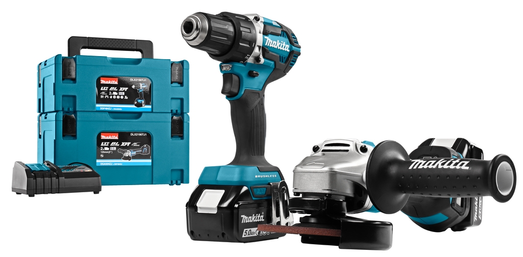 Set combinat Makita DLX2190TJ1 18V 5.0Ah Li-Ion - Mașină de găurit fără fir DDF484 + Polizor fără fir DGA504 în cutie MBox
