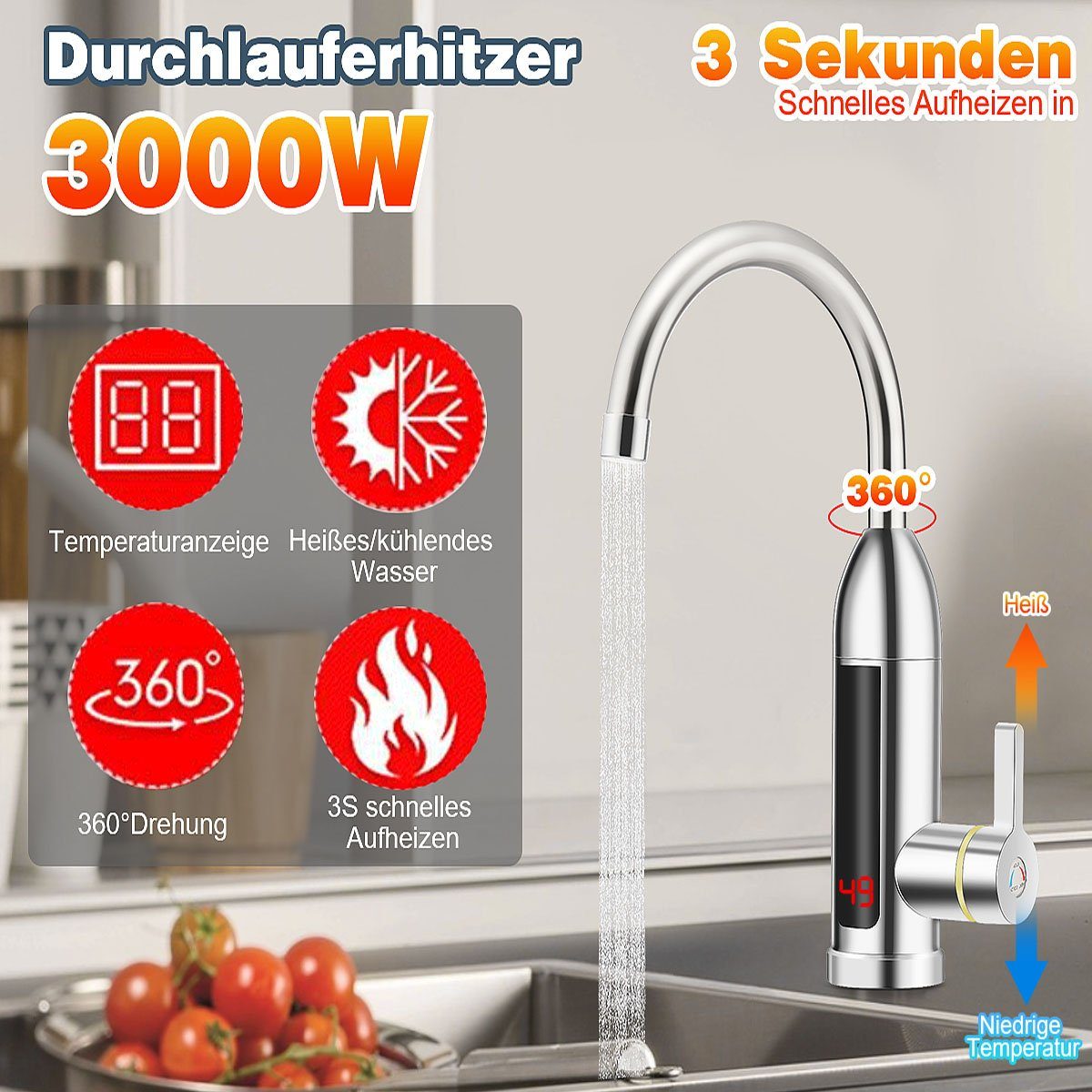 LETGOSPT Klein-Durchlauferhitzer 3000W Elektrischer Wasserhahn, Temperaturanzeige 0-60 ℃ Küchenarmatur, 360° Schwenkbar Wasserhähnen, LED Digitale Edelstahl Küchenarmatur